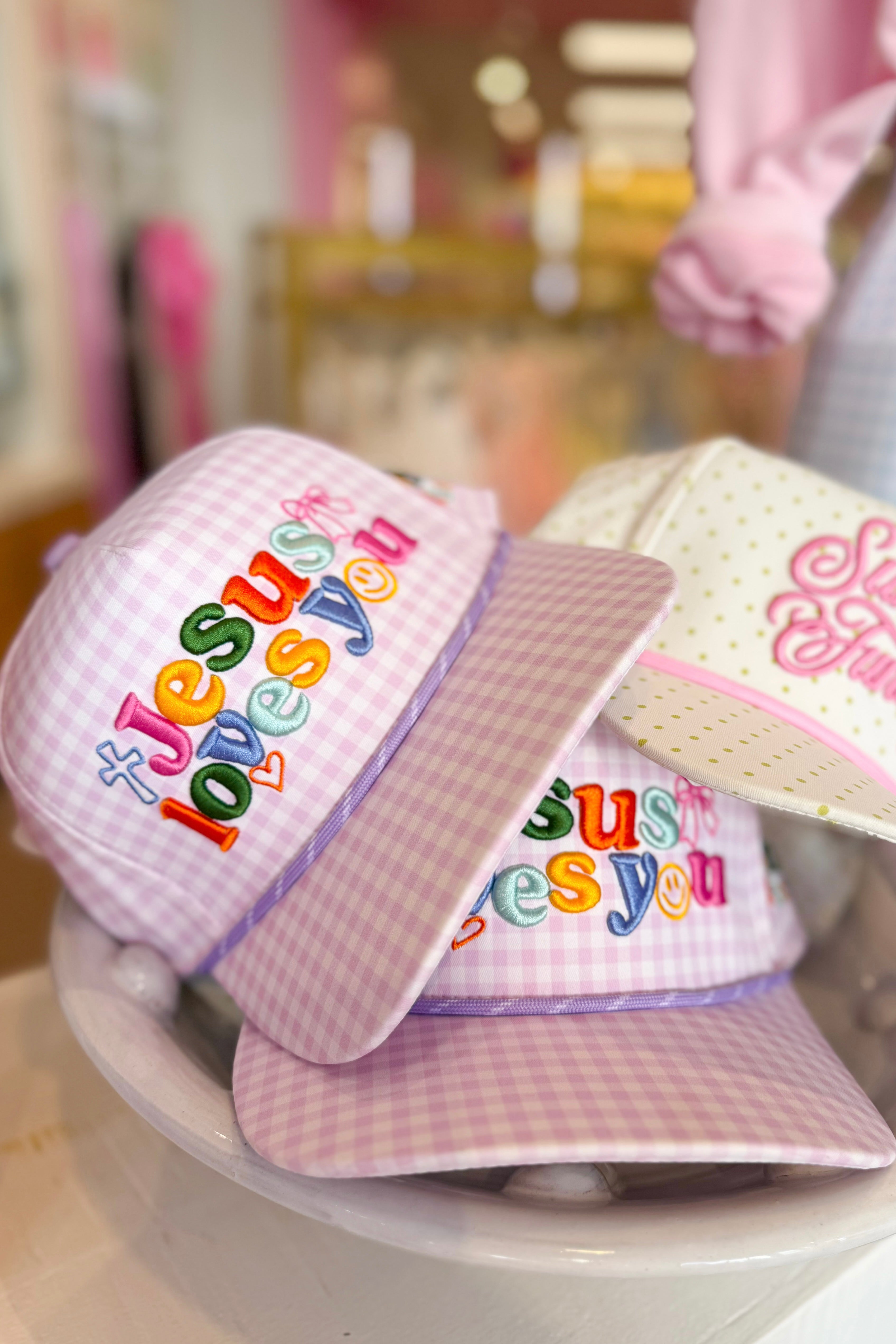 Jesus Loves You Gingham Embroidered Trucker Hat