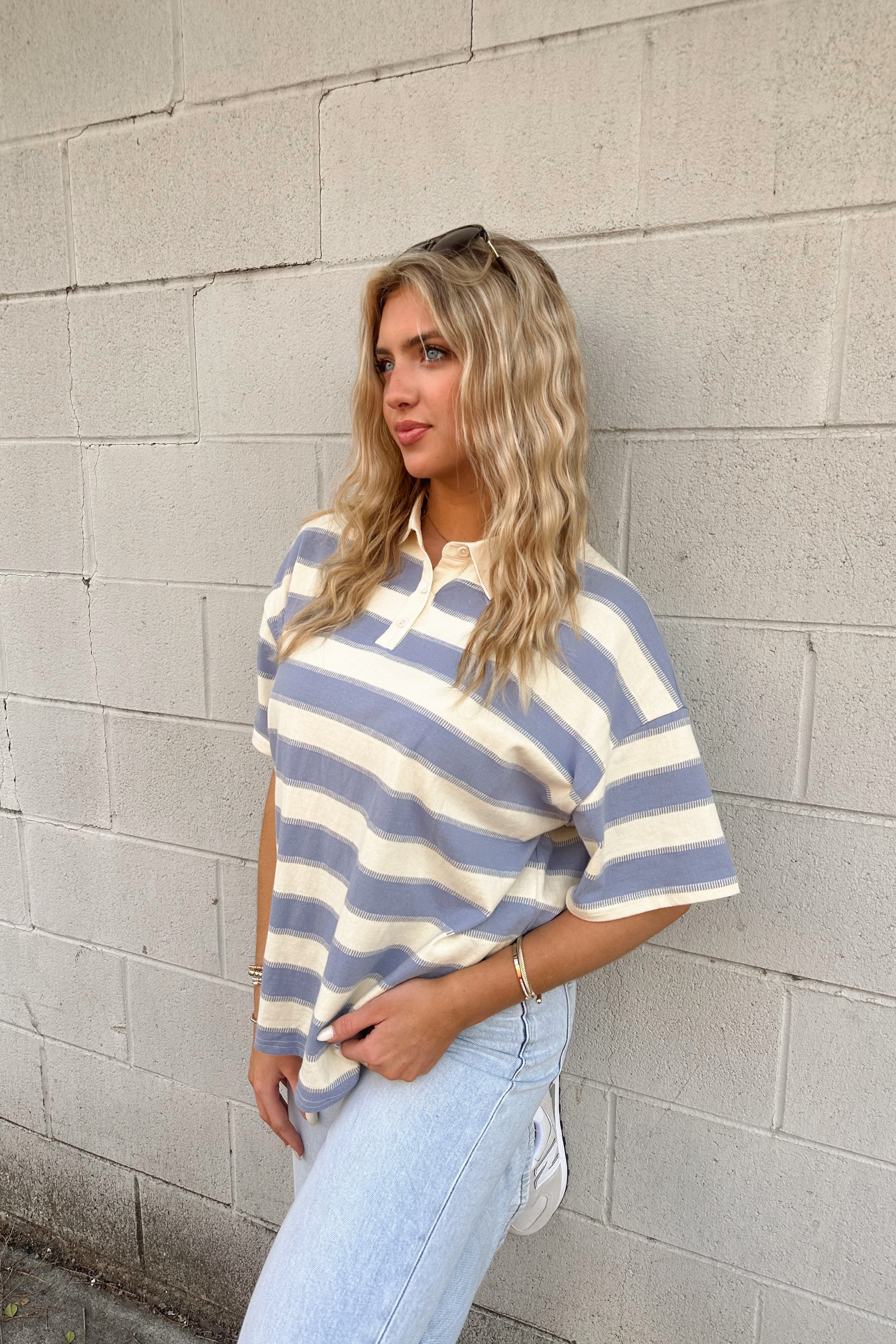 Blue Striped Rugby Polo Top