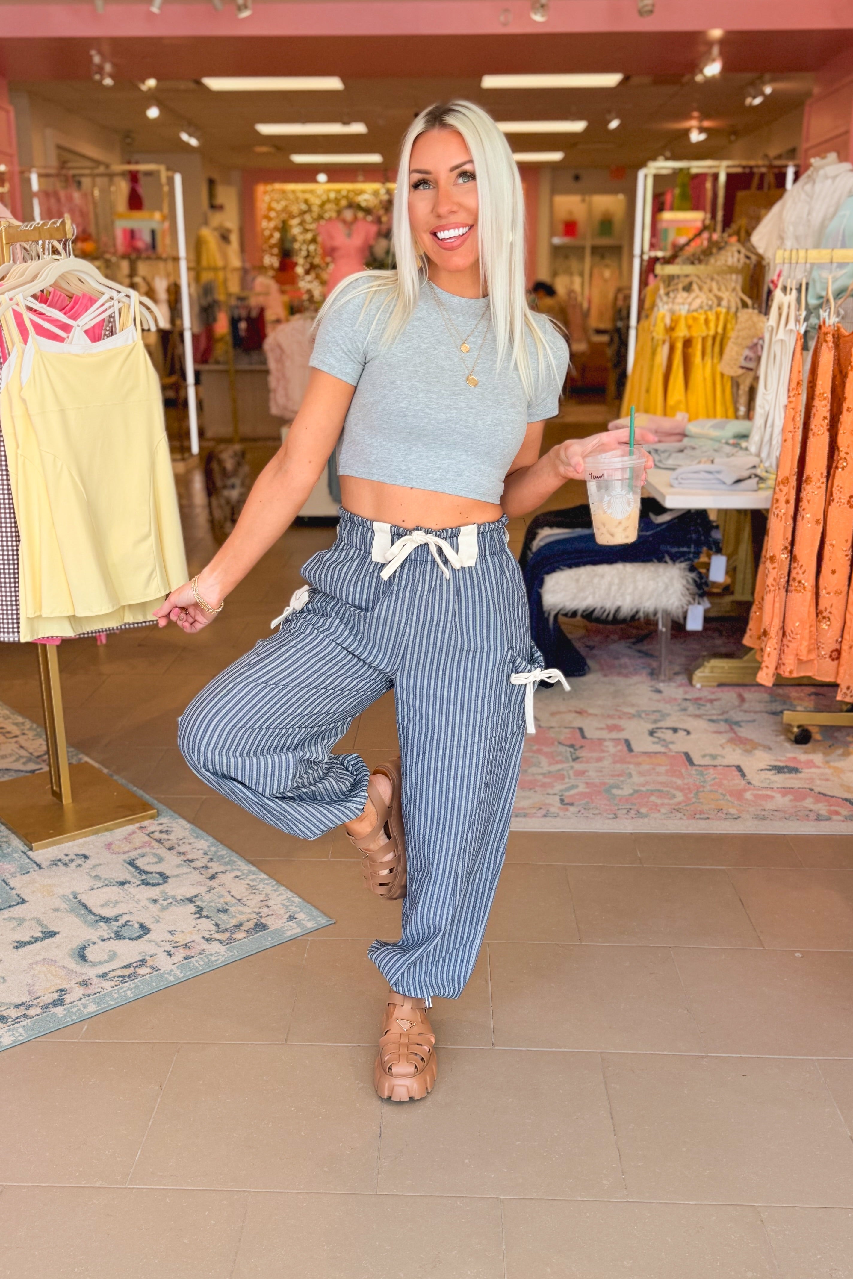 Striped Pants With Bow Detail Pockets - Navy