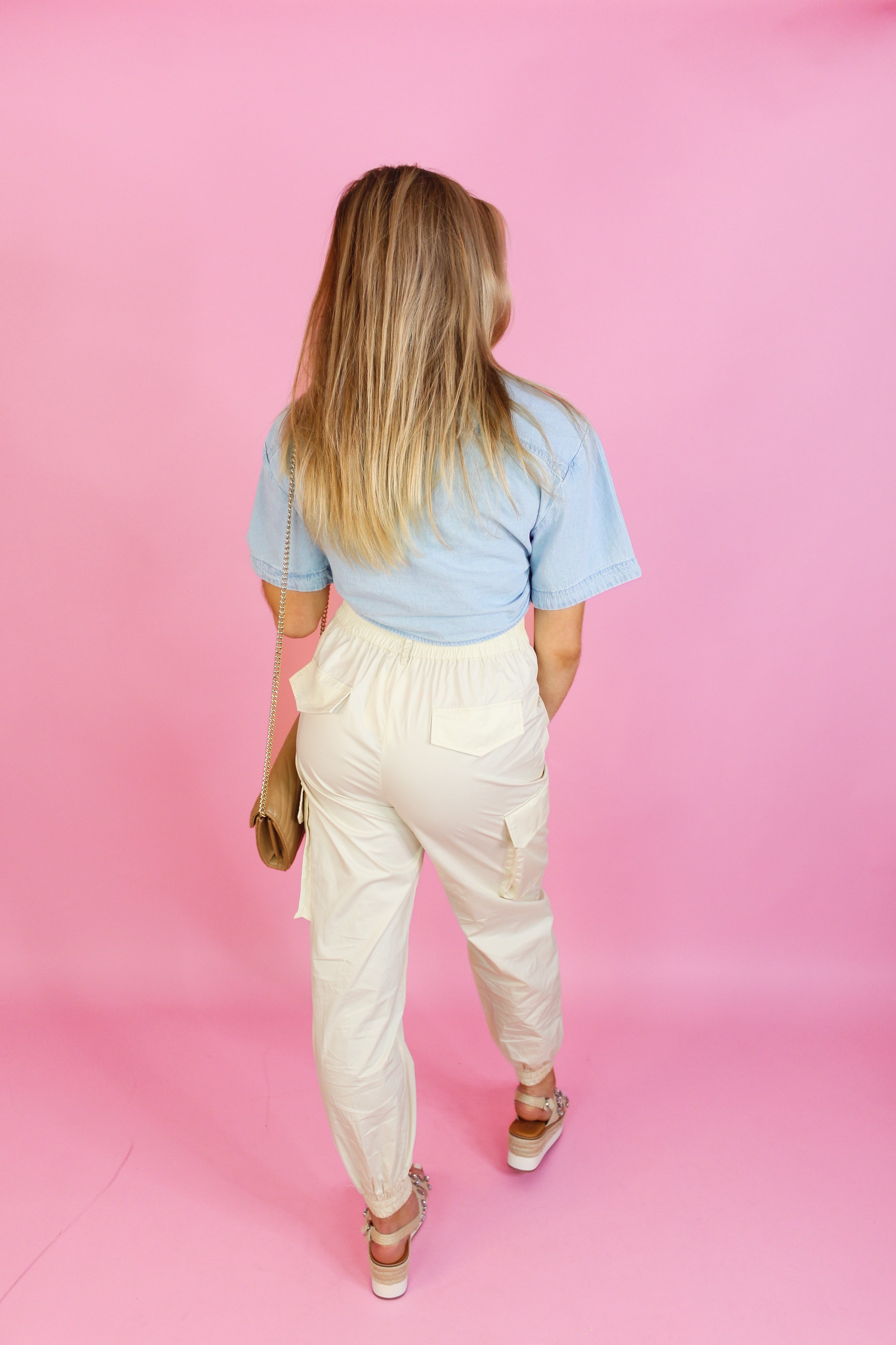Chambray Button Up Cropped Shirt