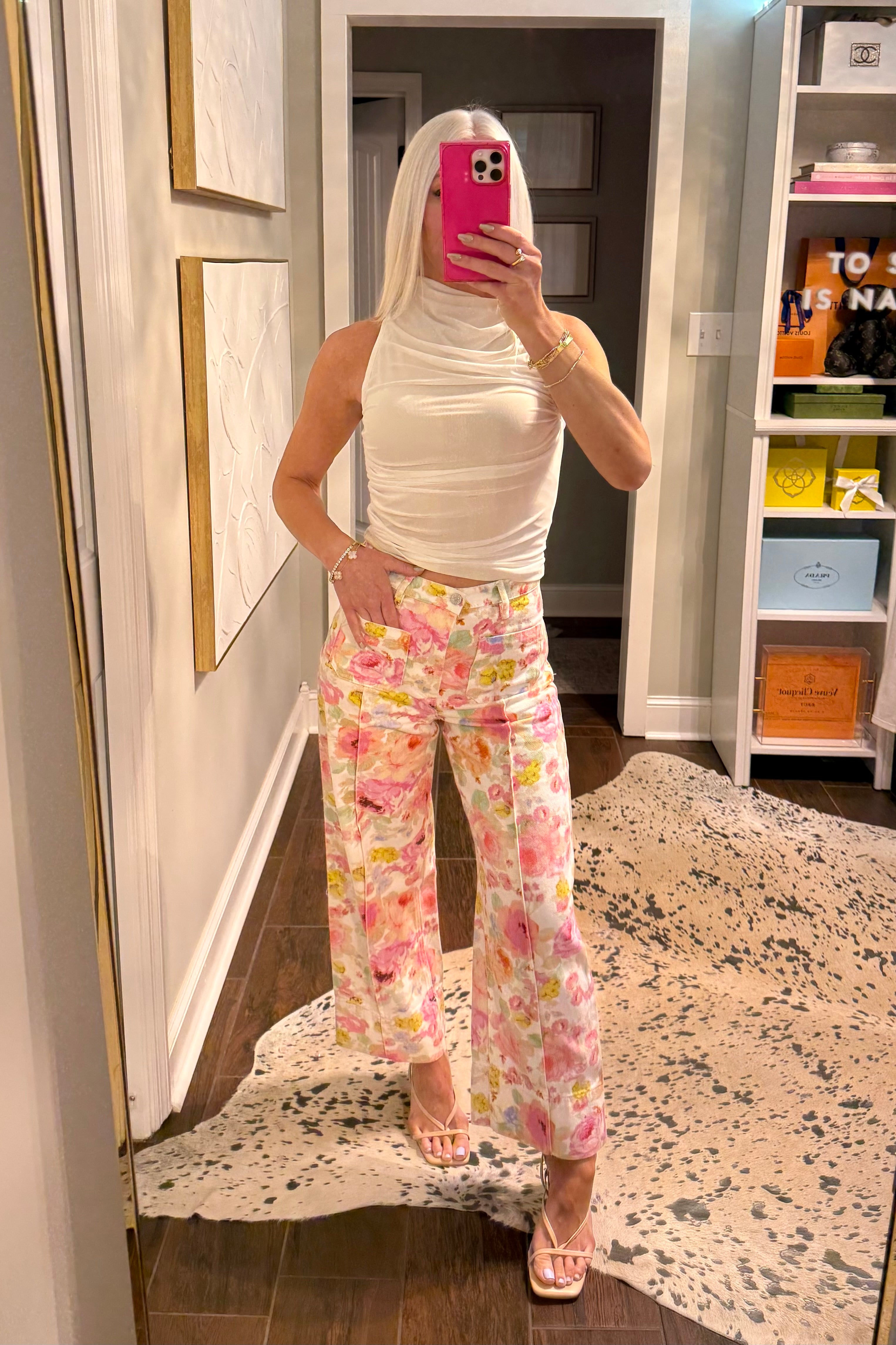 Floral Print Front Pocket Wide Leg Jeans