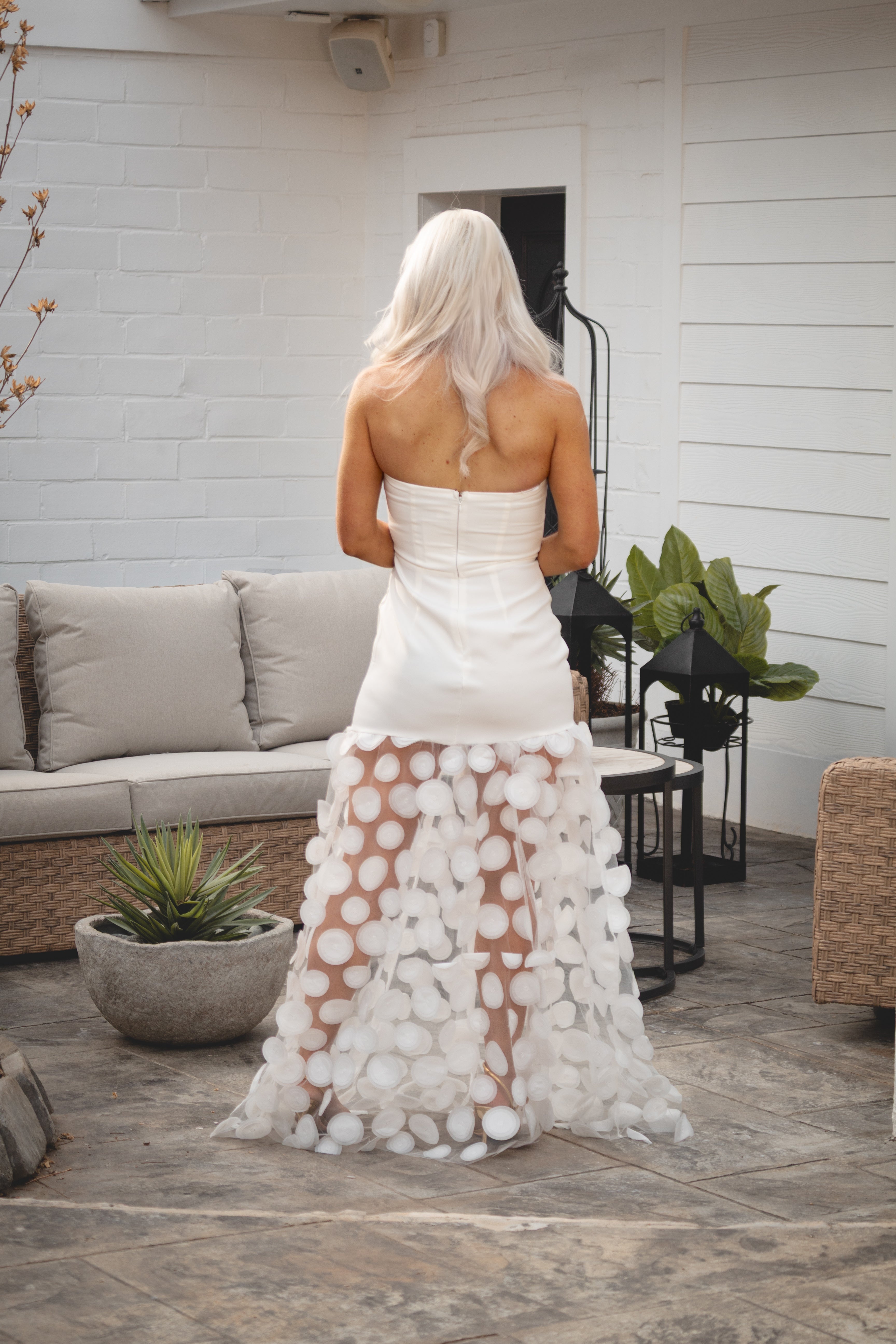 White Maxi Dress With Sheer Hem and Circle Appliqu¨¦ Detail