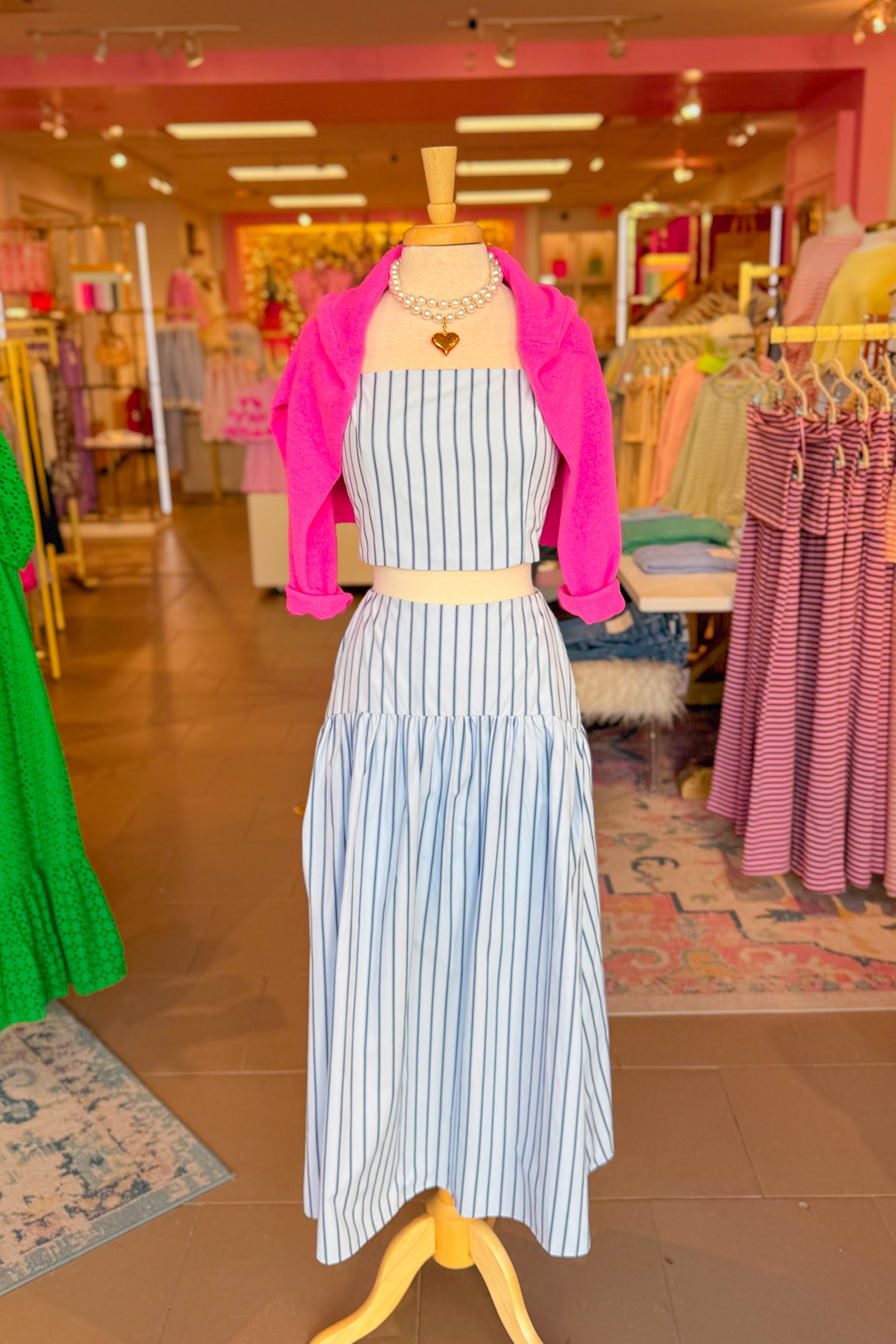 Blue Striped Top and Midi Skirt Set