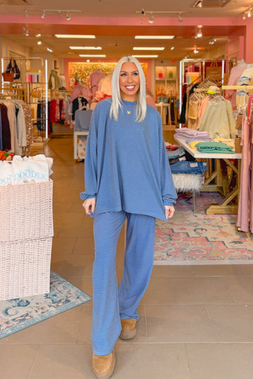 Blue and Brown Striped Top and Pants Set