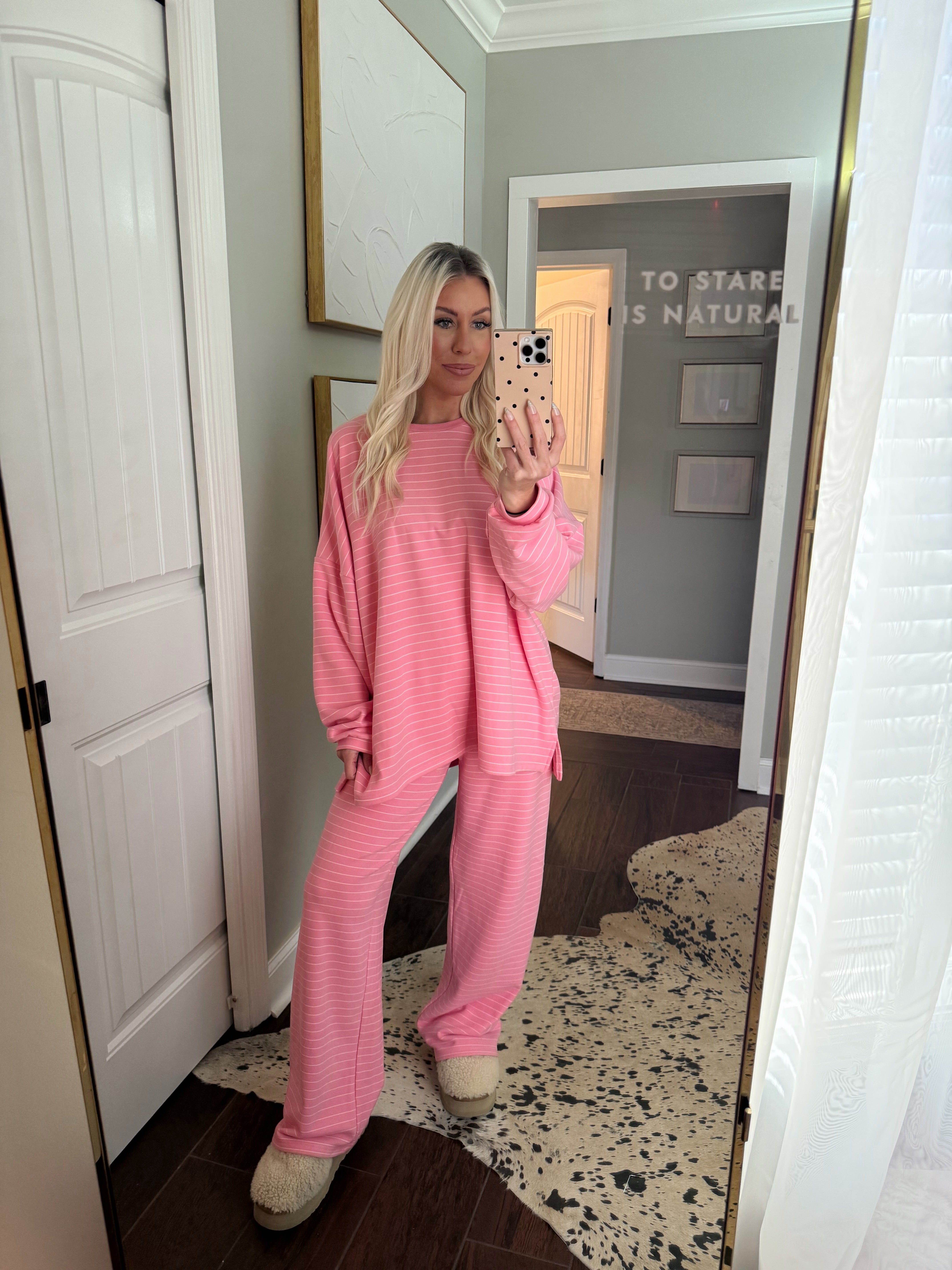 Pink White Striped Top and Pants Set