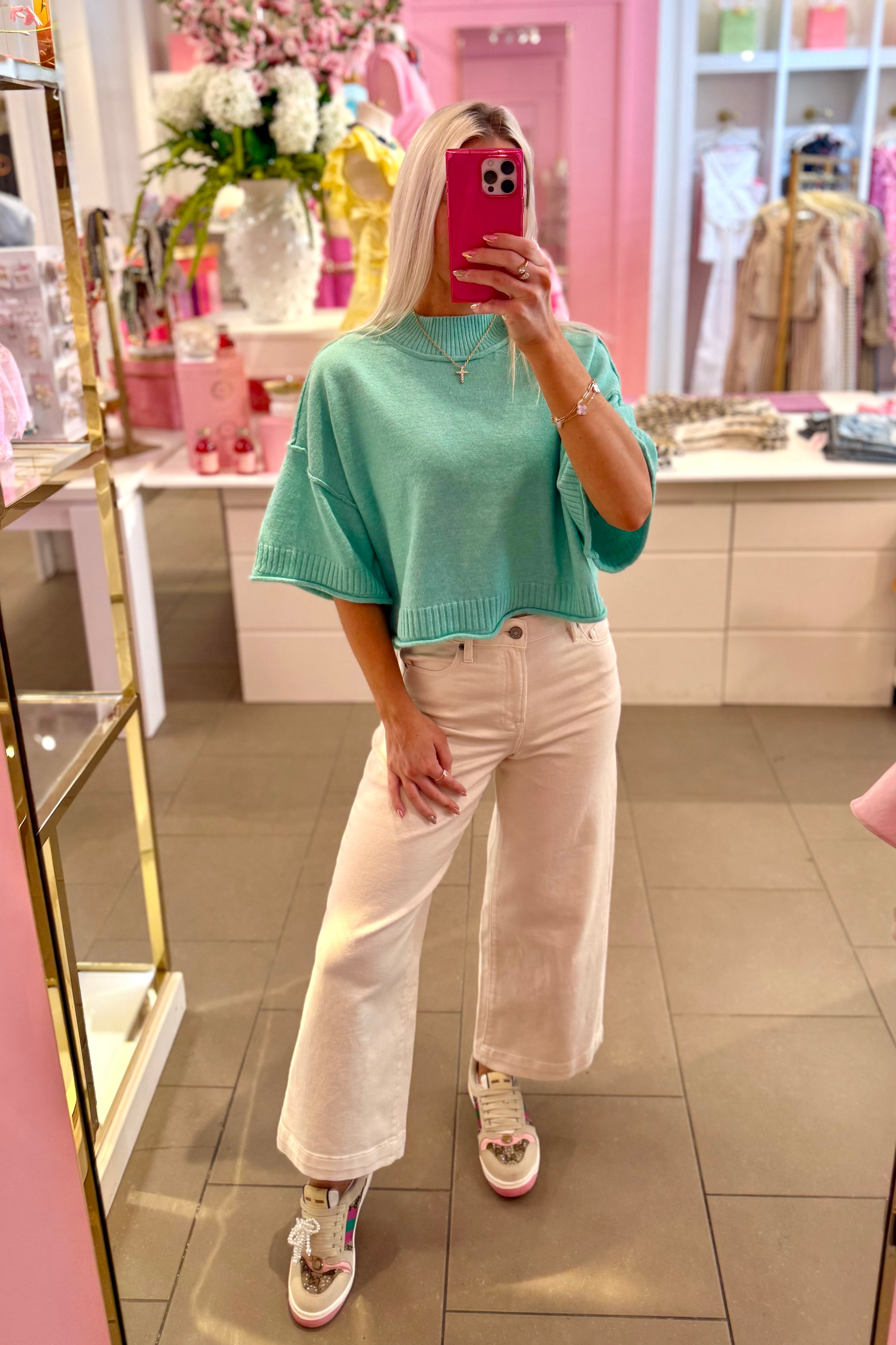 Mint Green Short Sleeve Knit Sweater