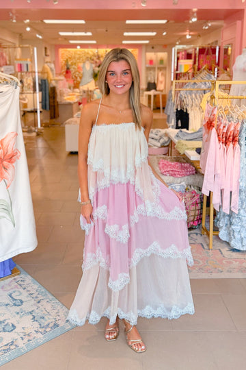 Pink Tiered Lace Ruffle Mini Dress