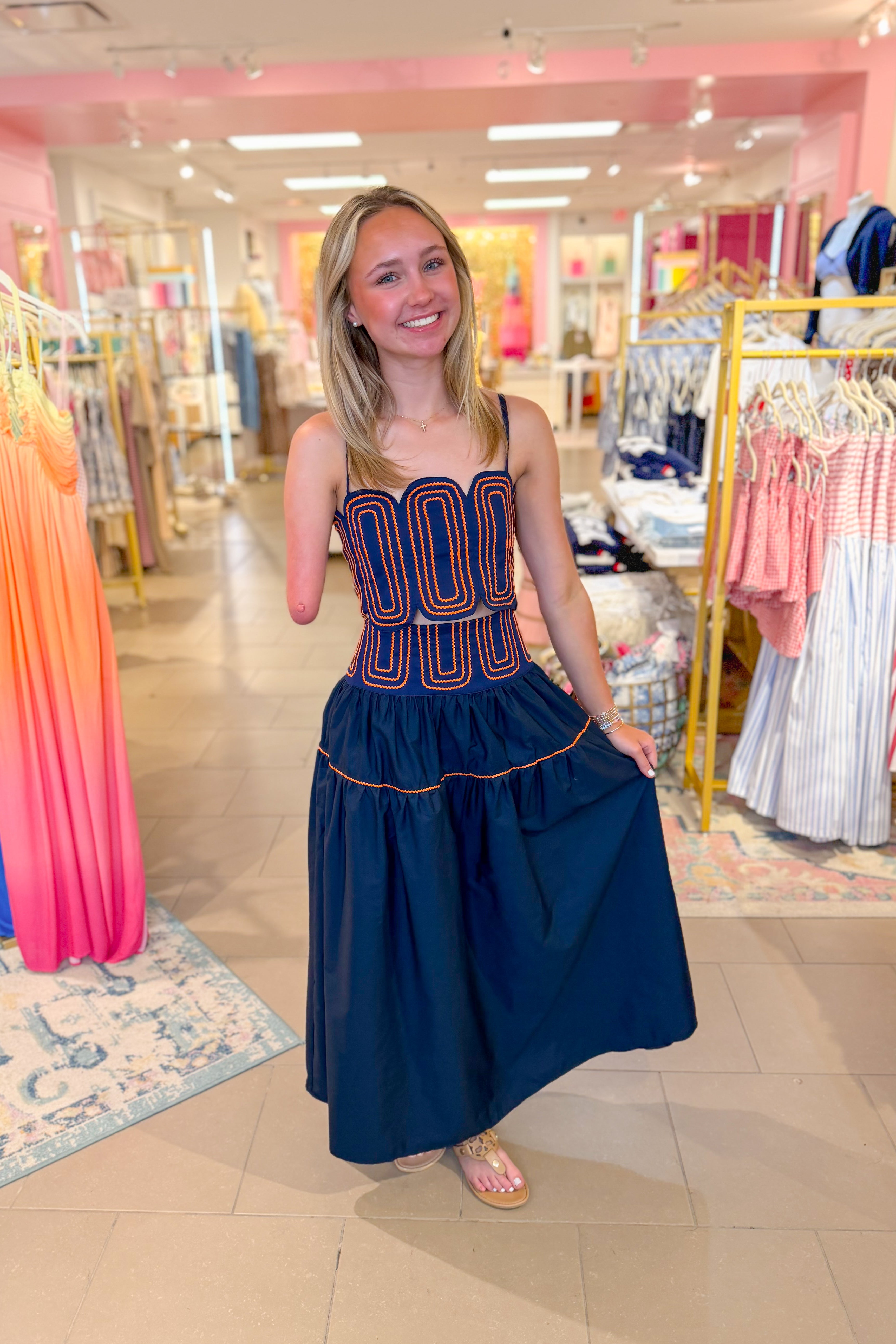 Embroidered Crop Top and Maxi Skirt Set - Navy and Orange