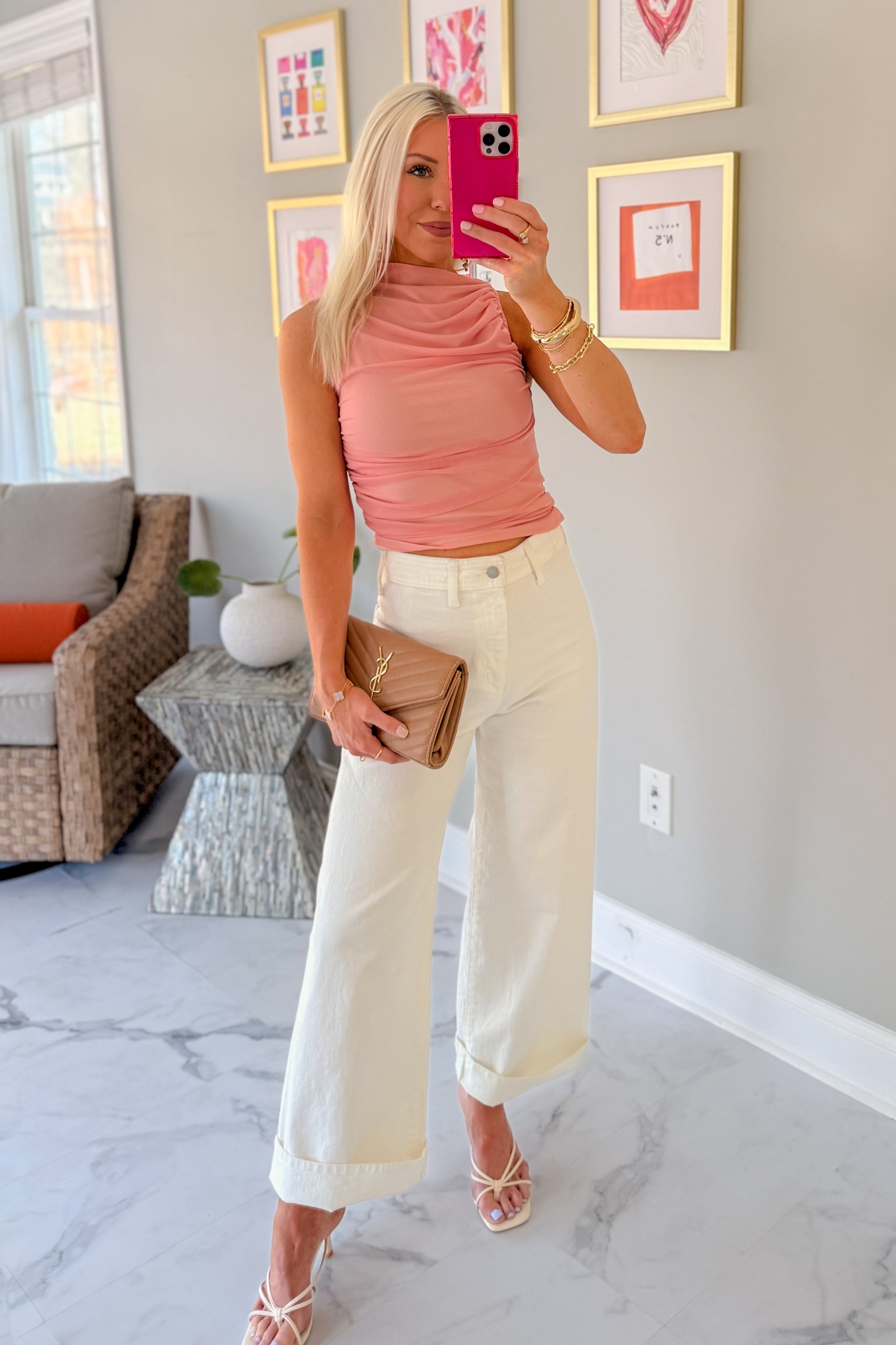Ruched Mesh Mock Neck Top - Coral Pink