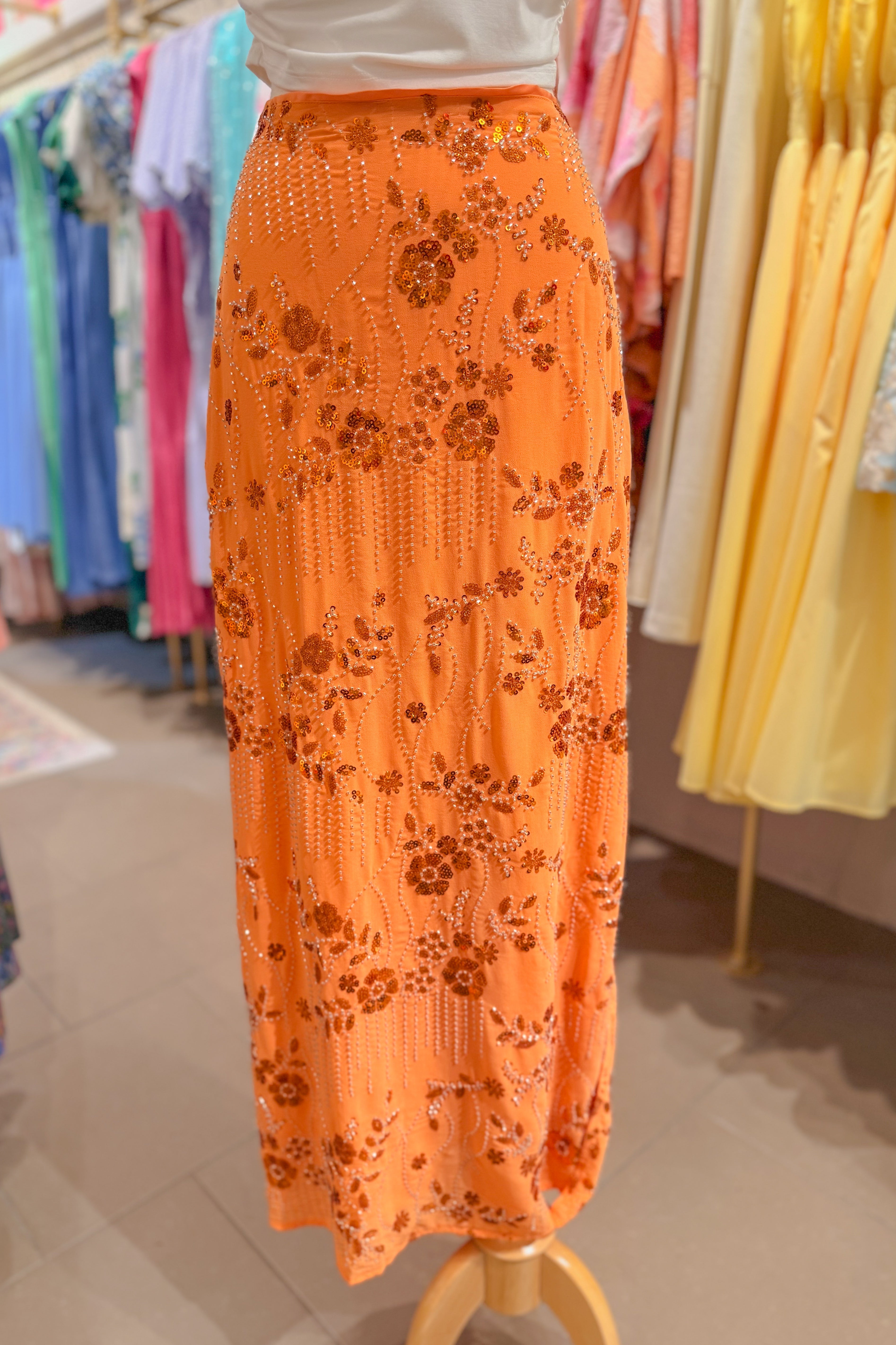 Orange Beaded Floral Maxi Skirt