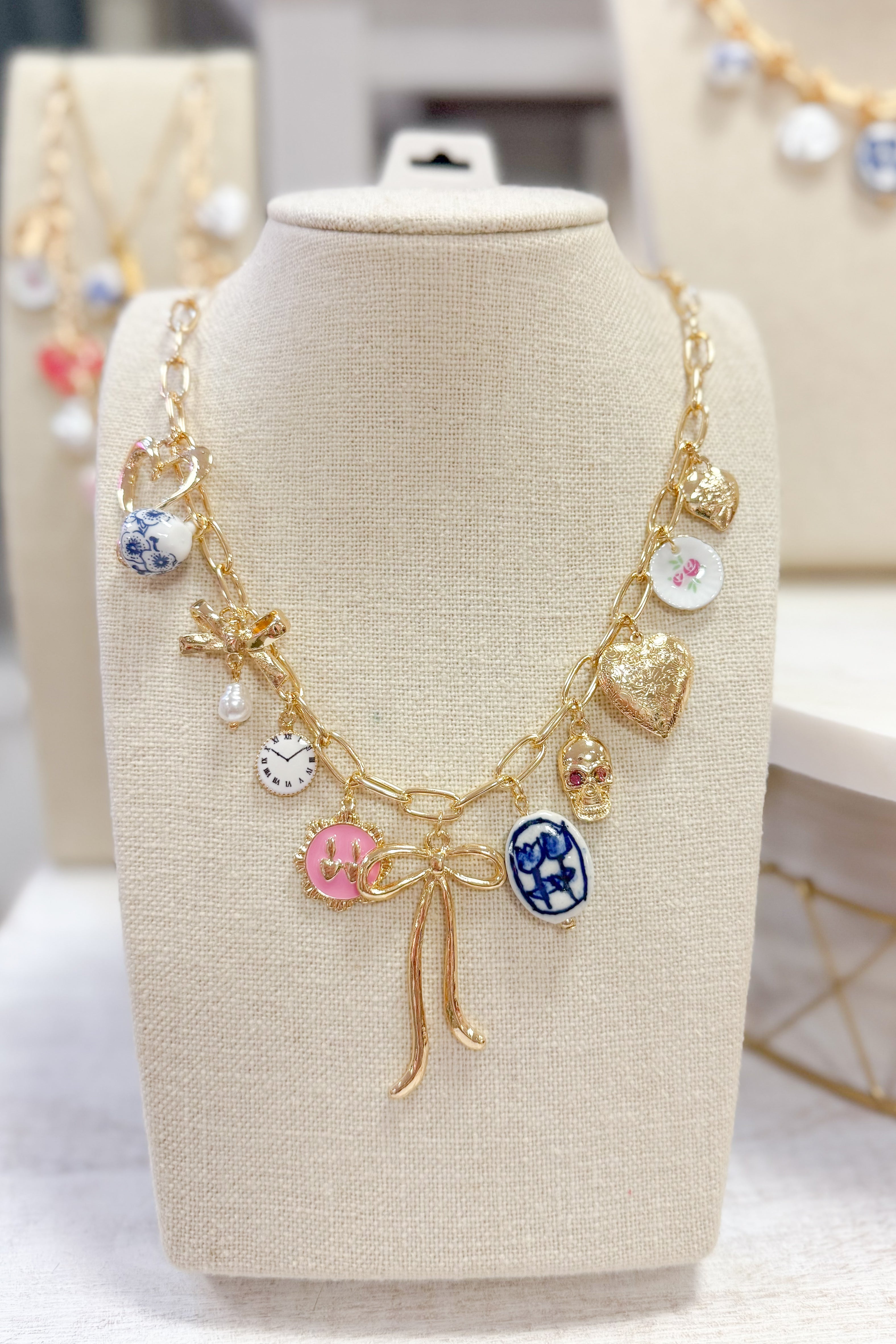 Bow, Heart & Tea Cup Charm Necklace