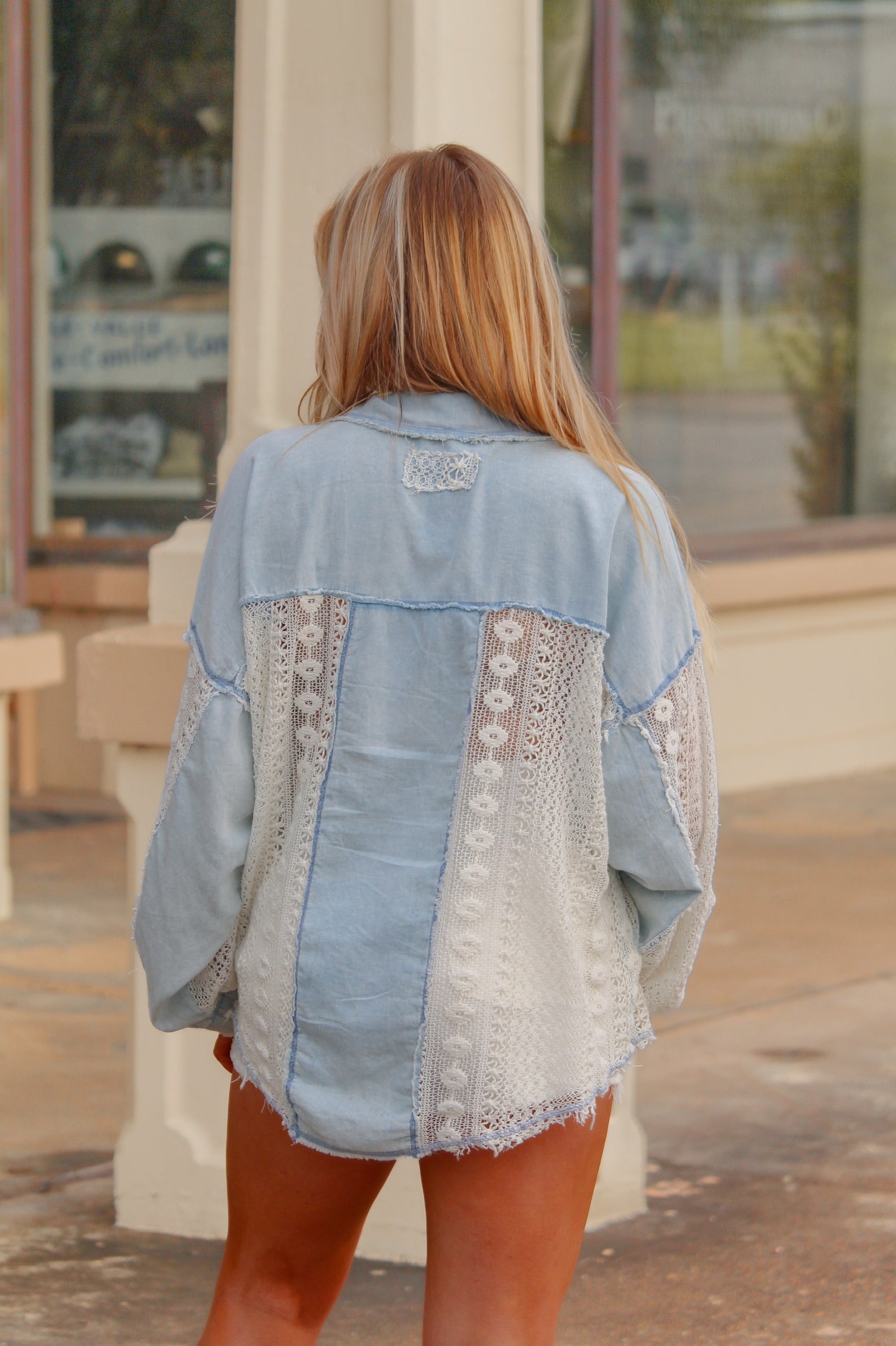 Denim And Lace Collared Blouse