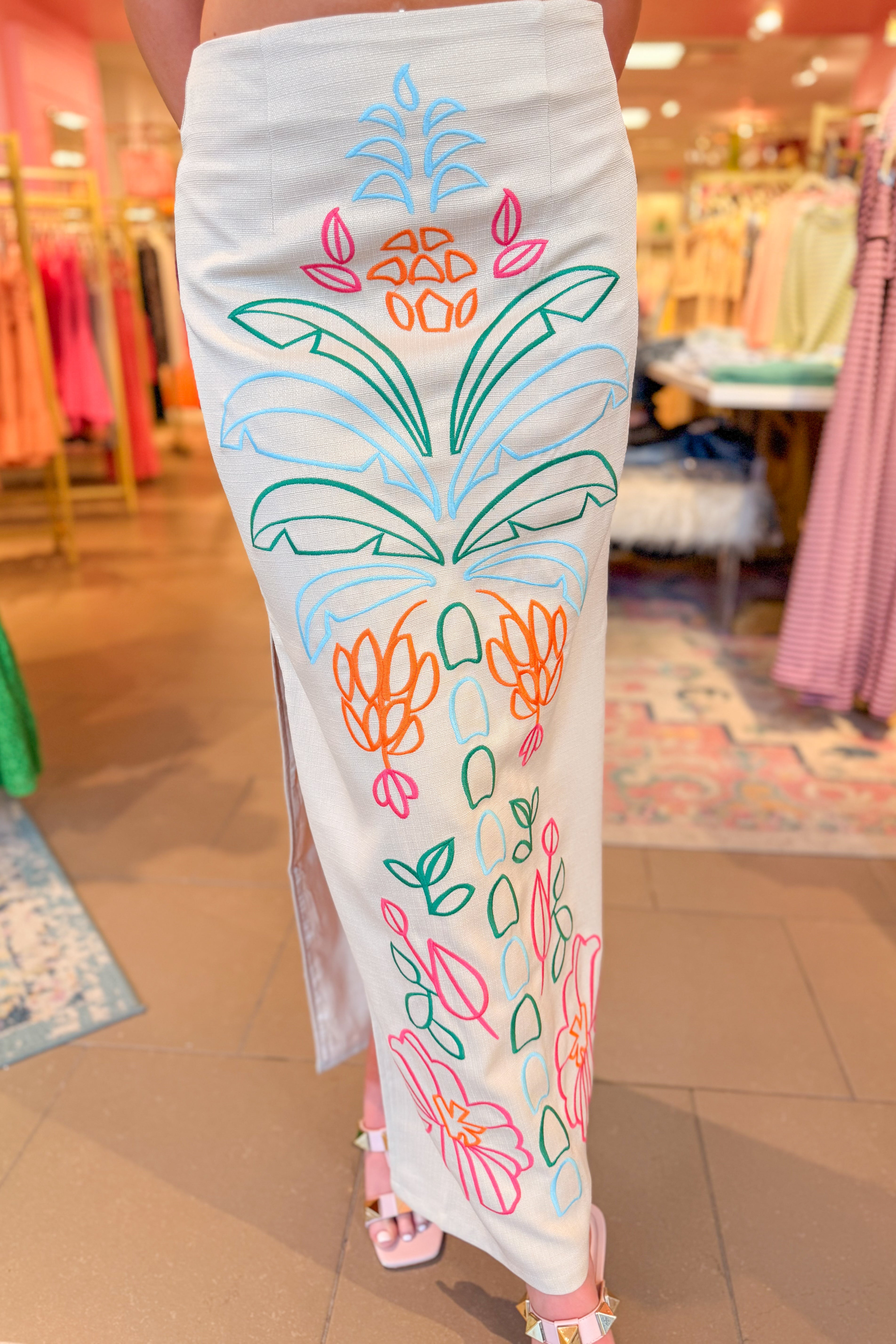 Colorful Embroidered Linen Skirt and Top Set
