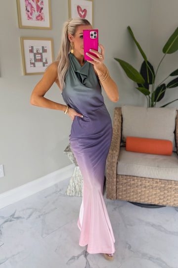 Purple Ombre Satin Cowl Neck Maxi Dress