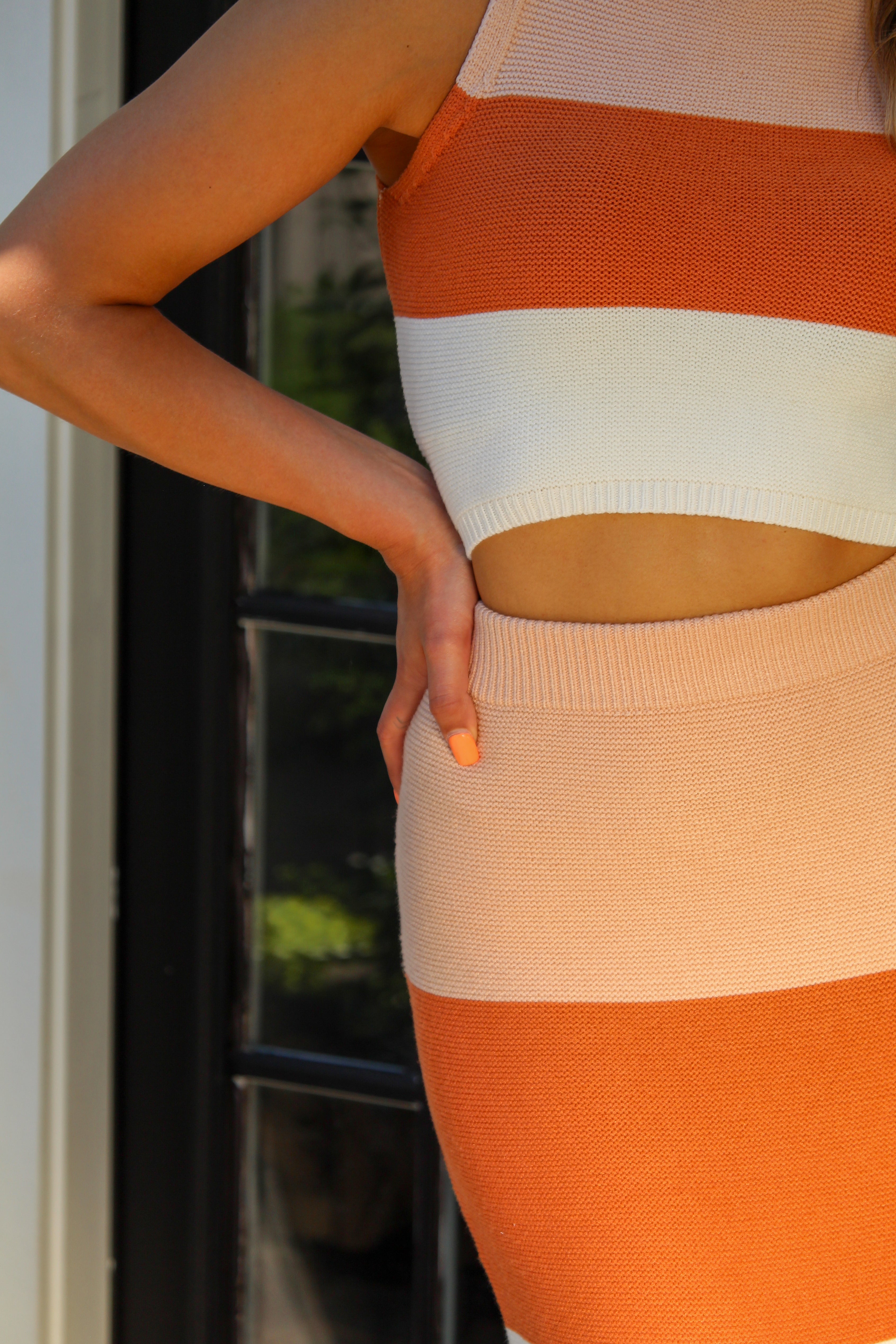 Fall Vibes Orange Striped Knit Midi Skirt Set