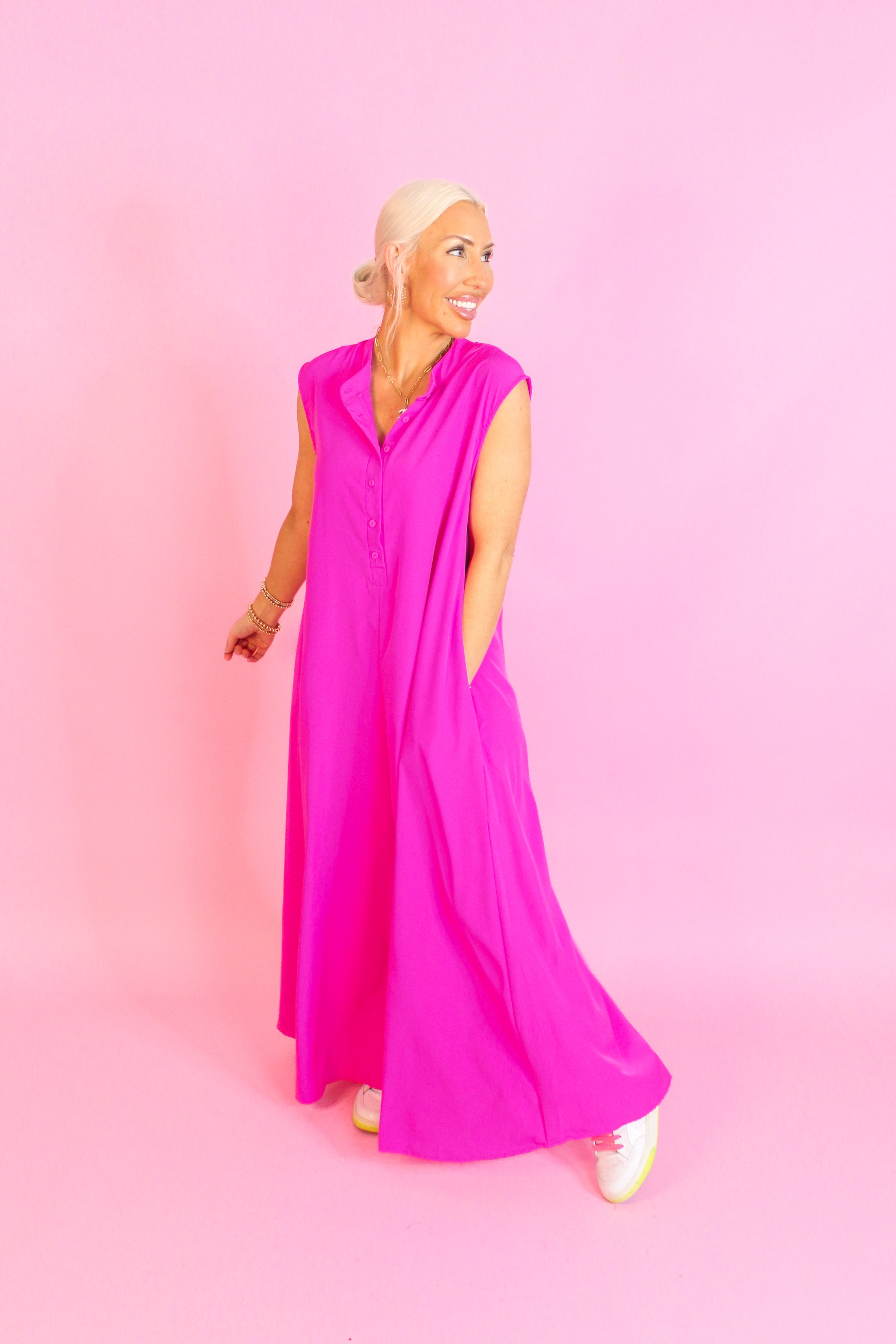 Hot Pink Button Up Wide Leg Jumpsuit