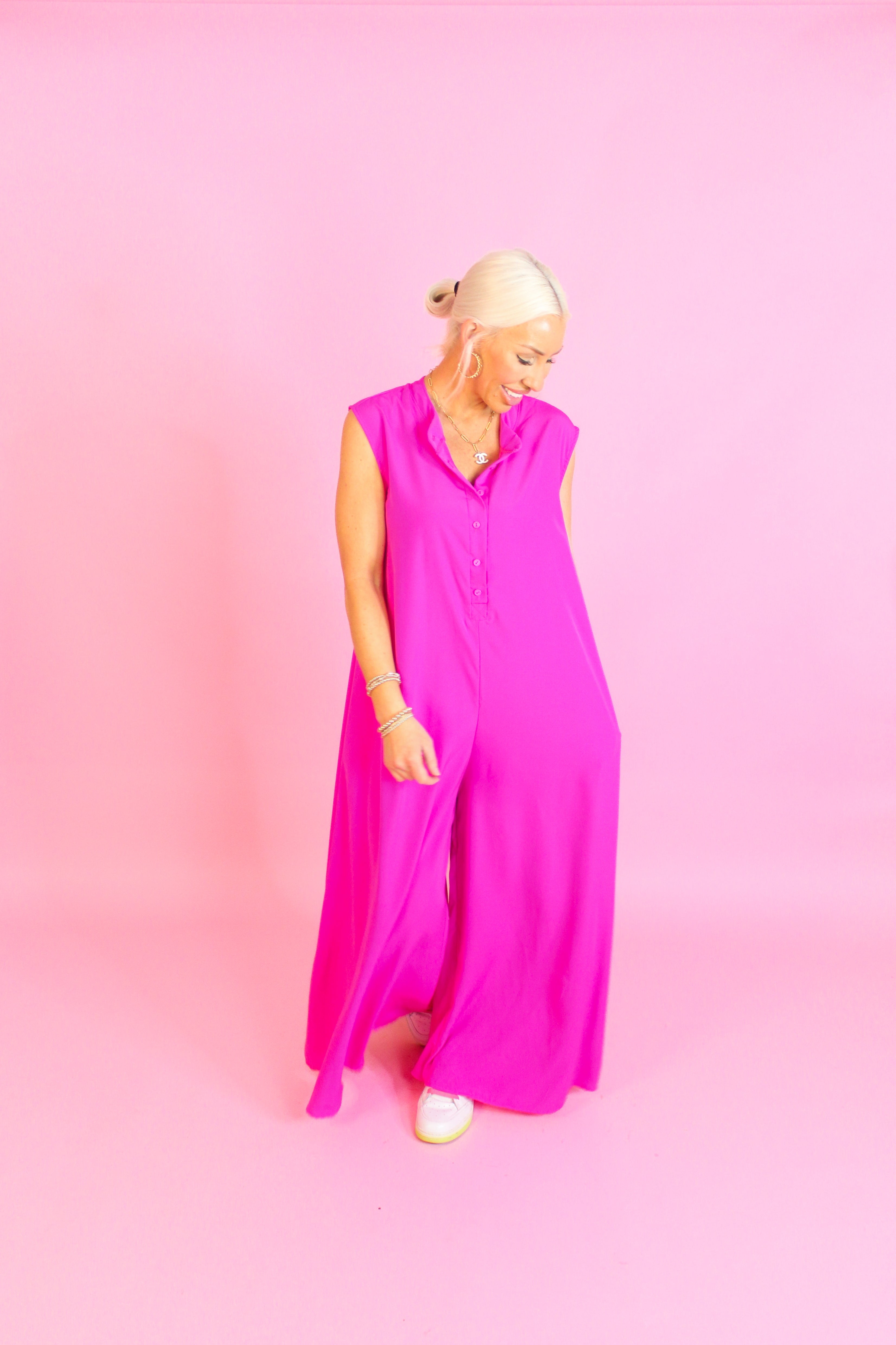 Hot Pink Button Up Wide Leg Jumpsuit