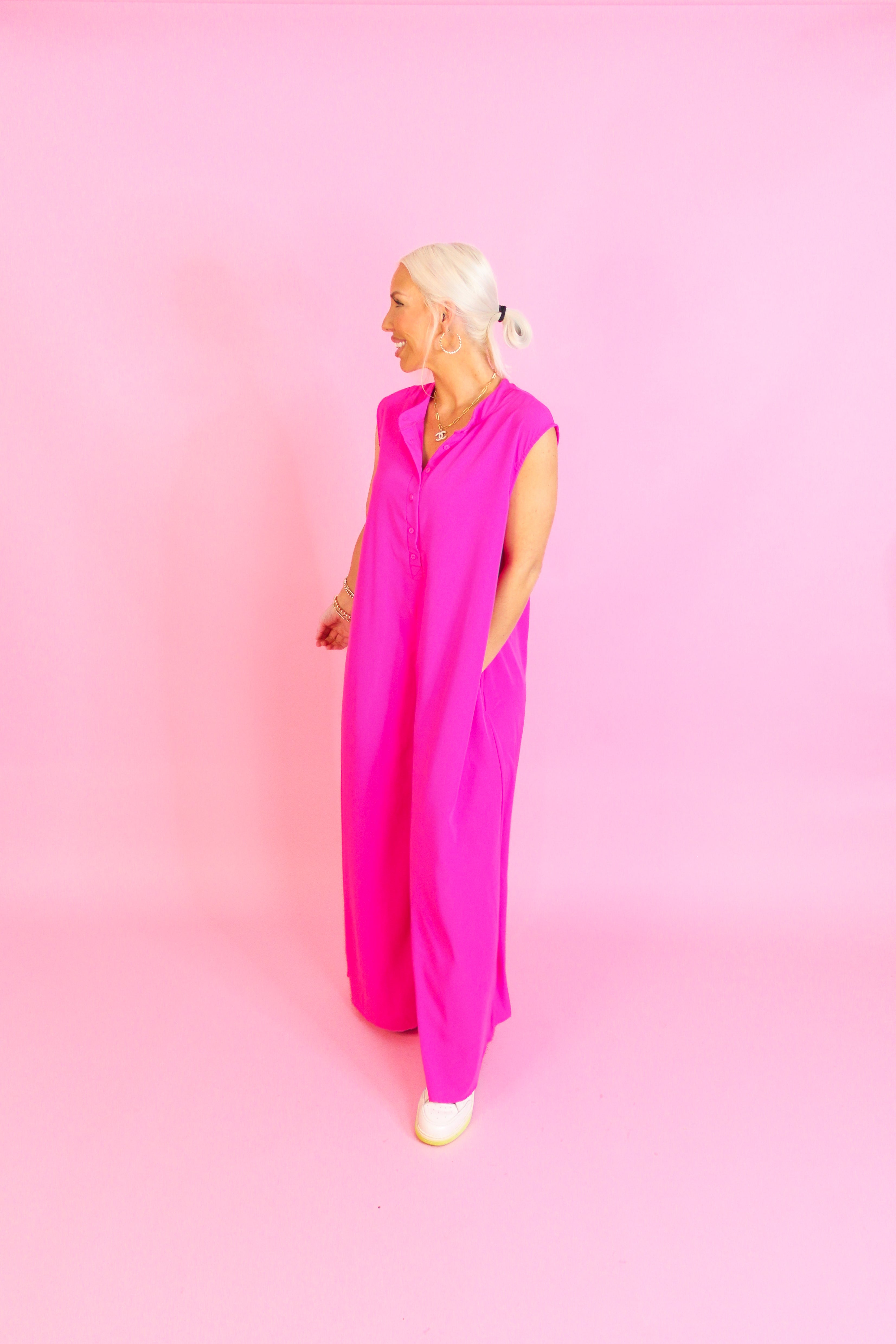 Hot Pink Button Up Wide Leg Jumpsuit