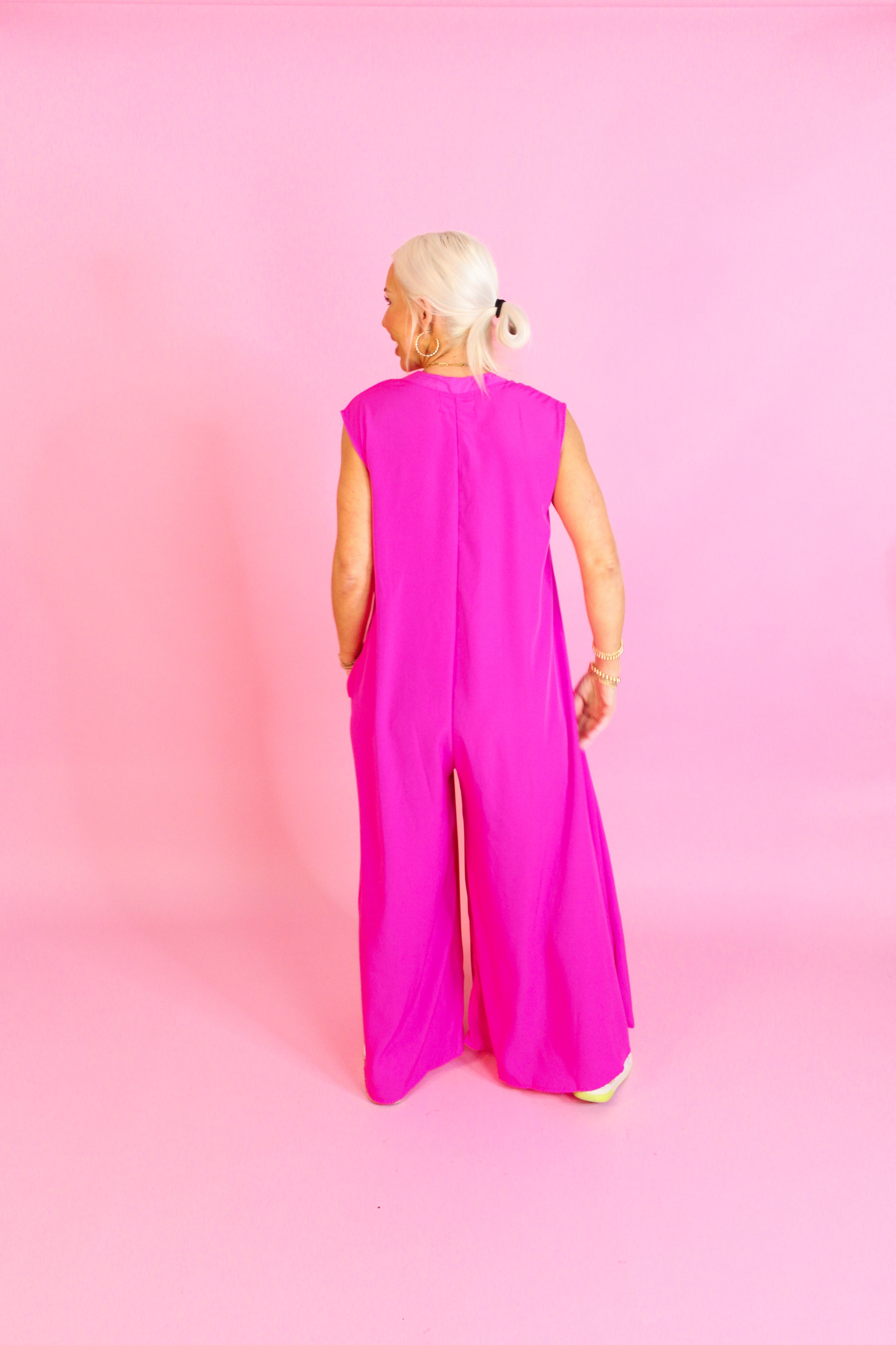 Hot Pink Button Up Wide Leg Jumpsuit