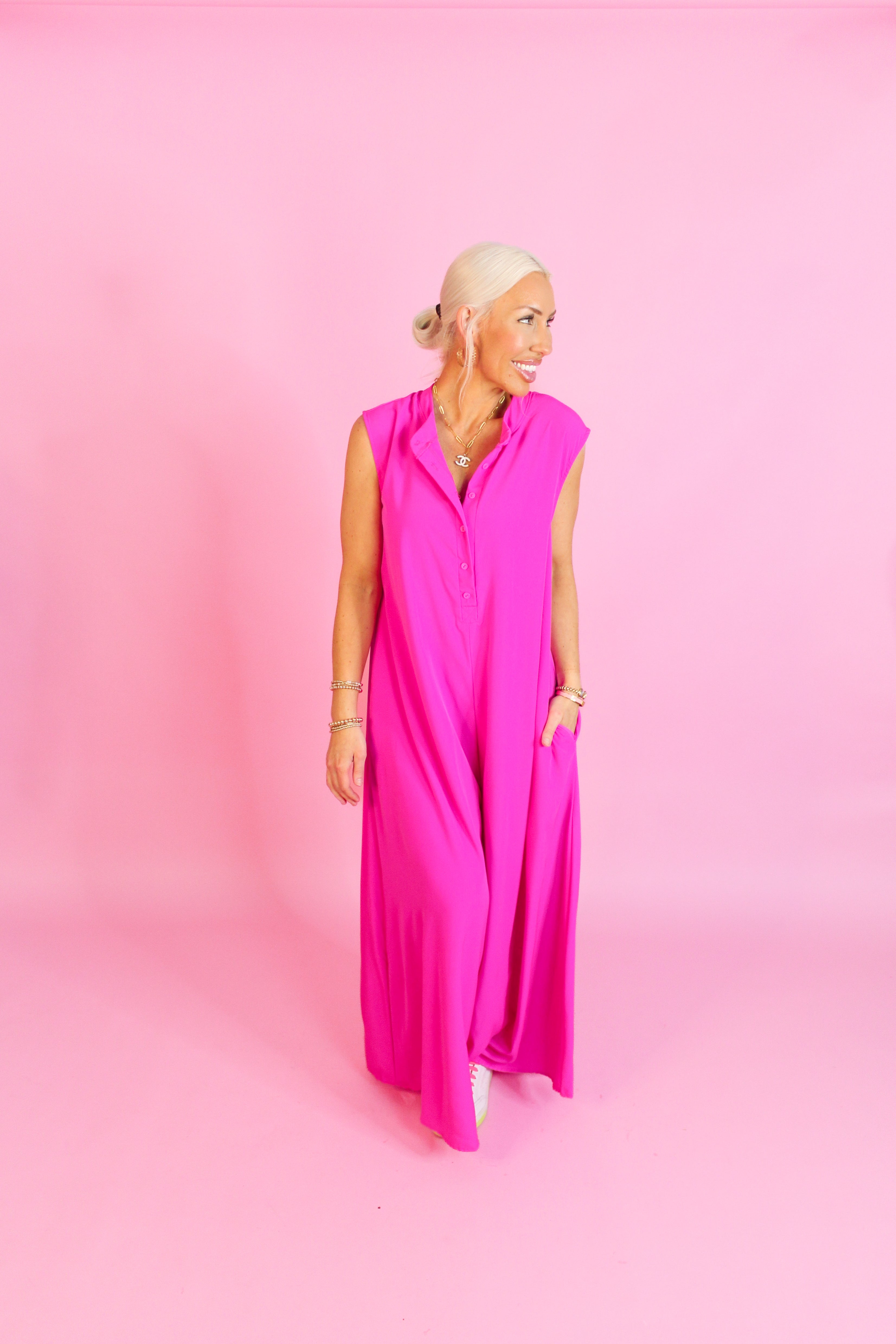 Hot Pink Button Up Wide Leg Jumpsuit