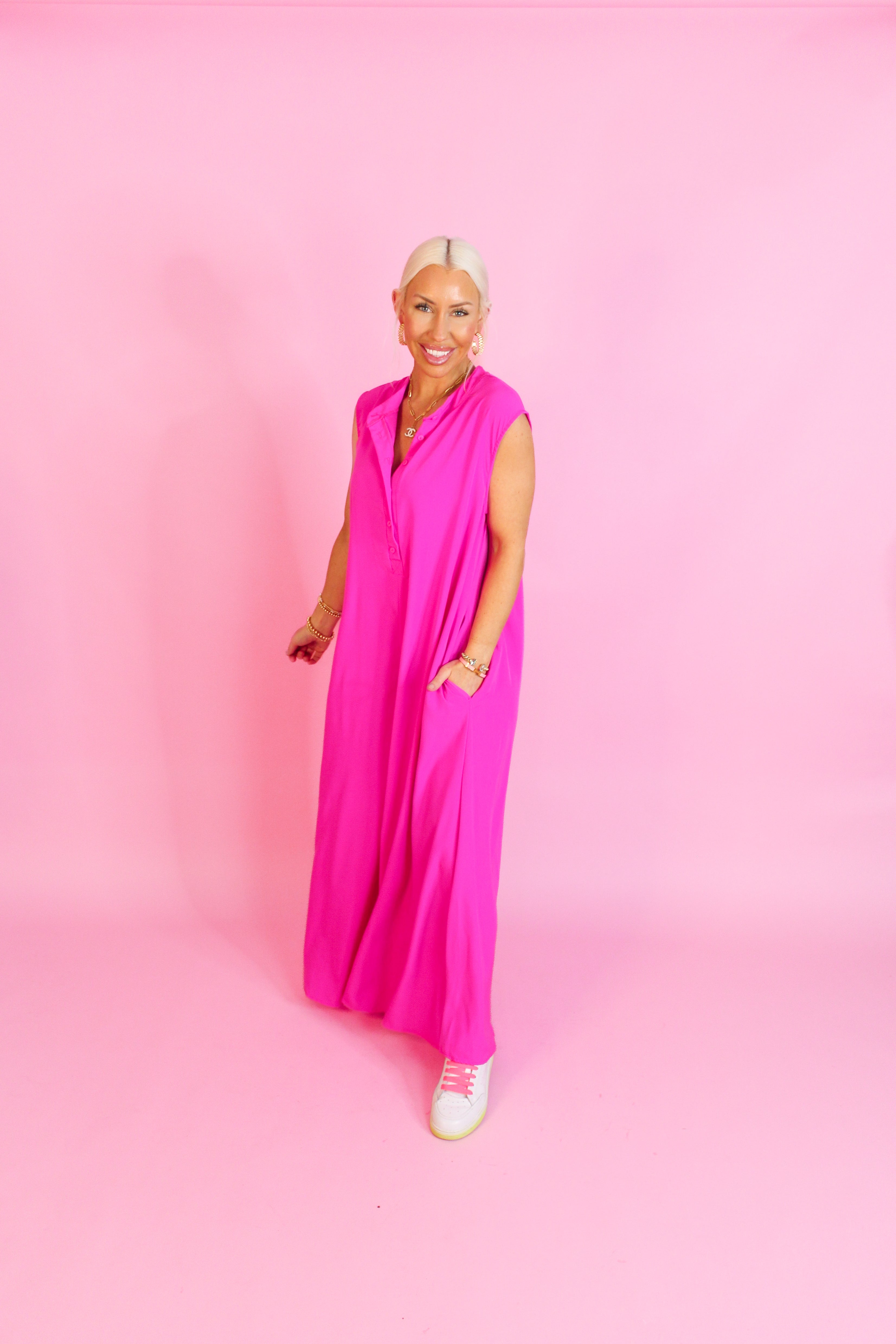 Hot Pink Button Up Wide Leg Jumpsuit