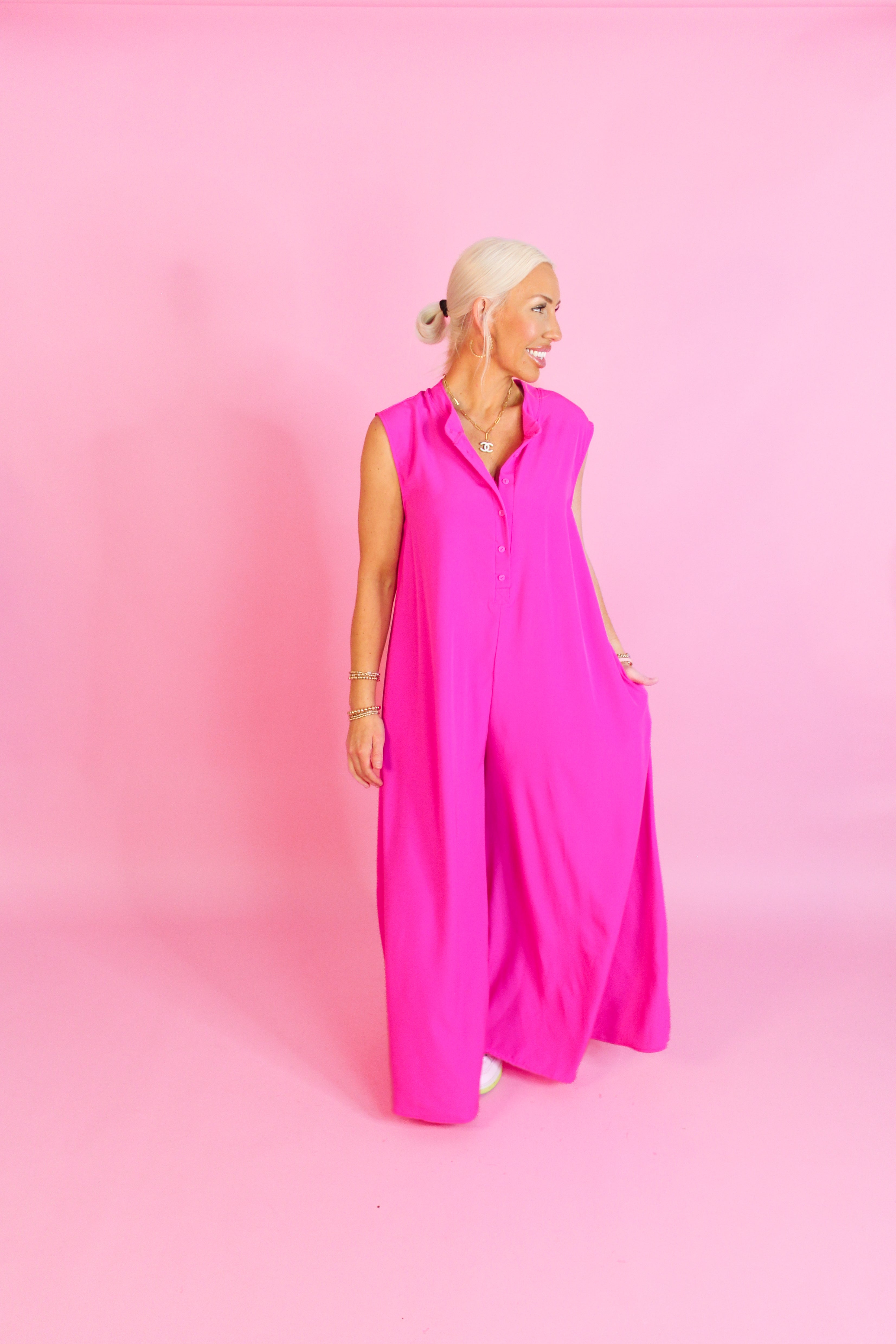 Hot Pink Button Up Wide Leg Jumpsuit