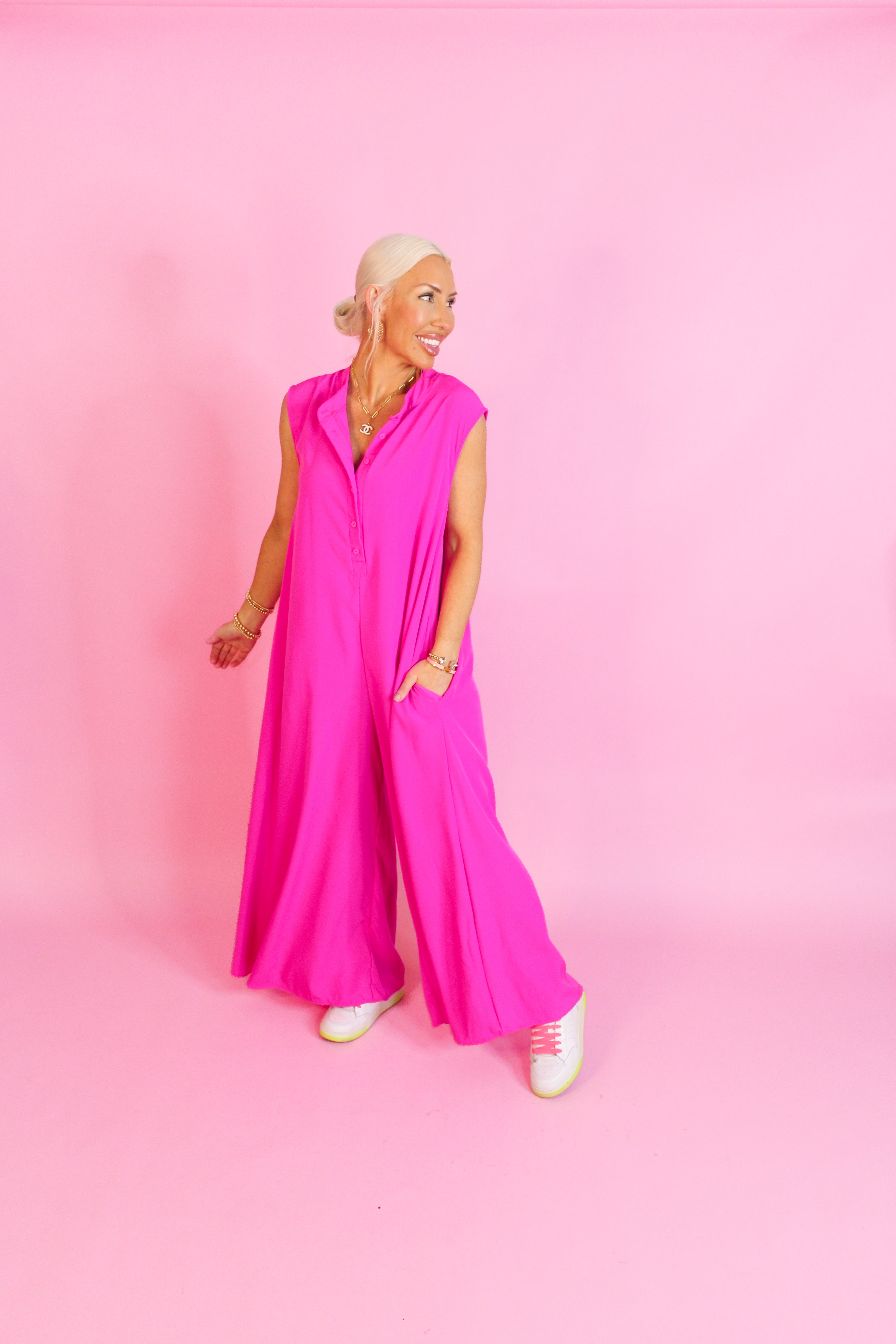 Hot Pink Button Up Wide Leg Jumpsuit