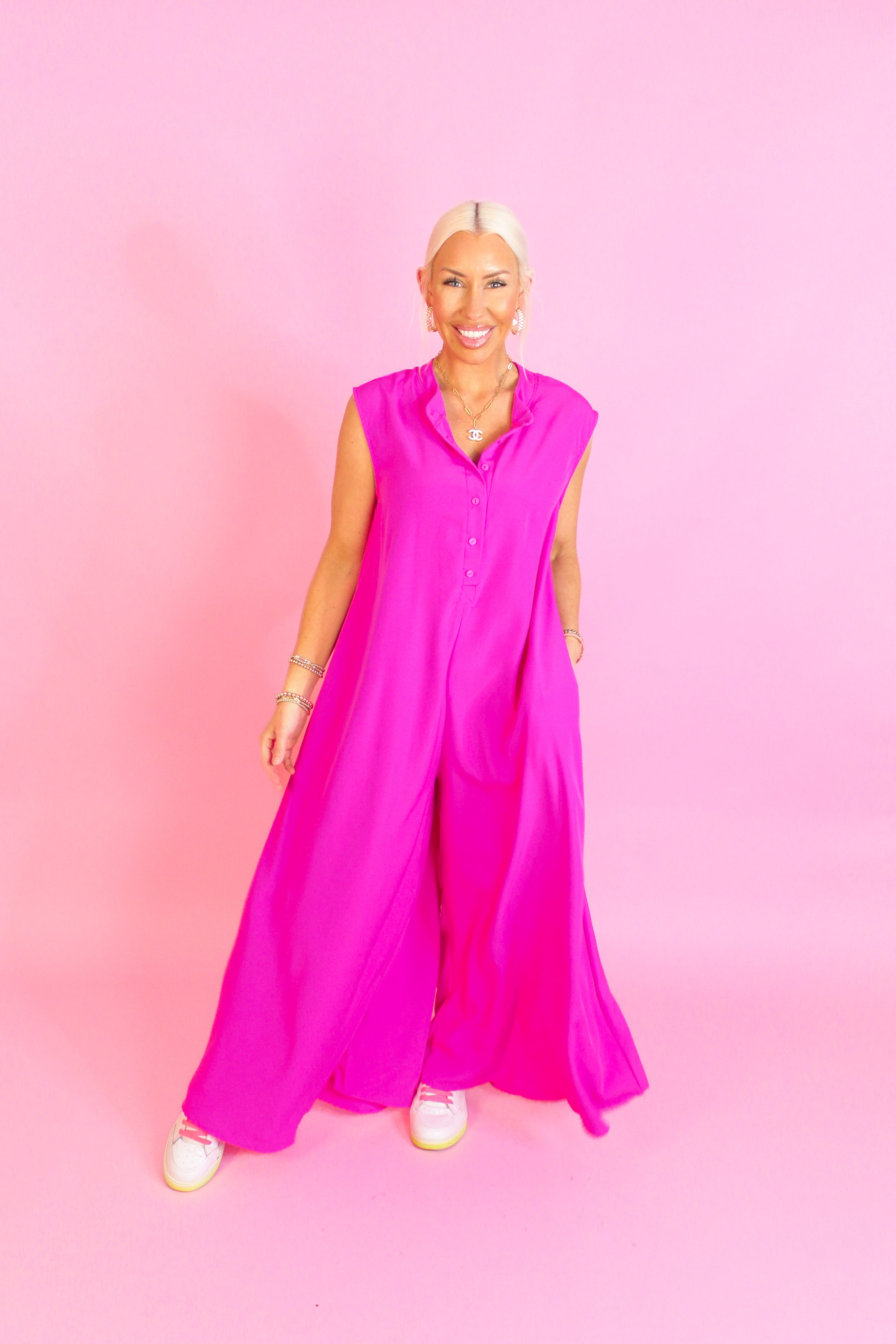 Hot Pink Button Up Wide Leg Jumpsuit