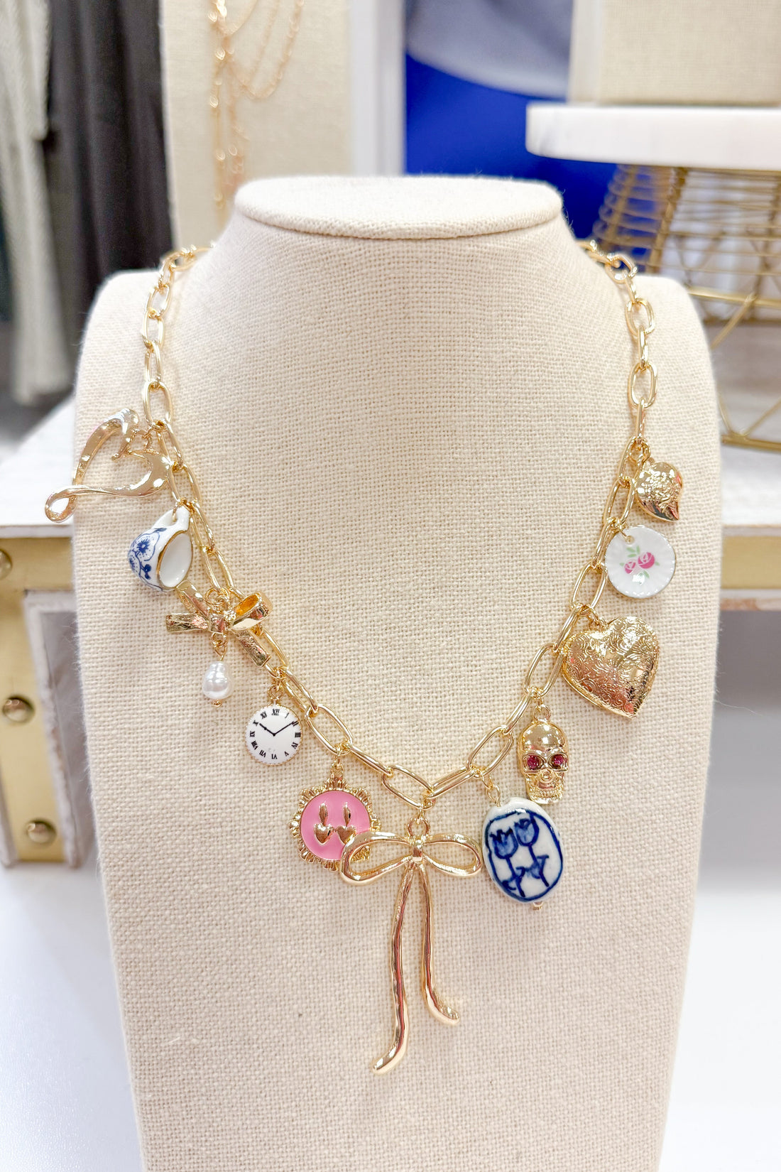 Bow, Heart & Tea Cup Charm Necklace