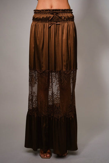 Brown Satin Lace Detail Maxi Skirt