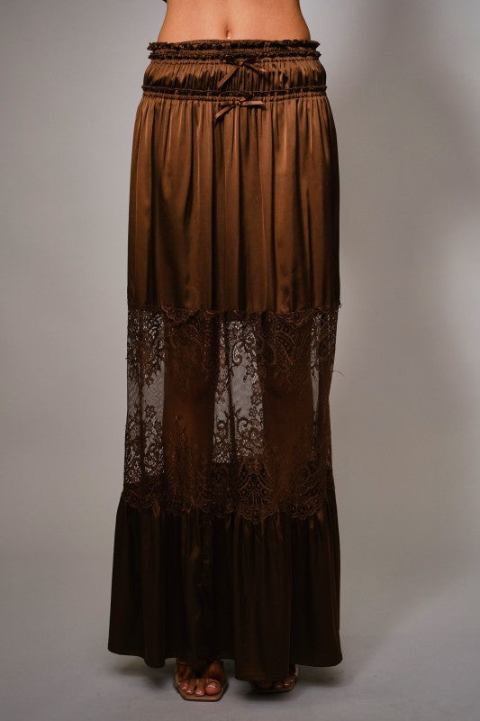 Brown Satin Lace Detail Maxi Skirt