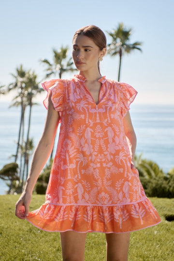 Orange Patterned Ruffle Hem Mini Dress