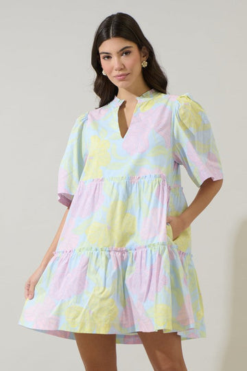 Blue Floral Tiered Ruffle Mini Dress