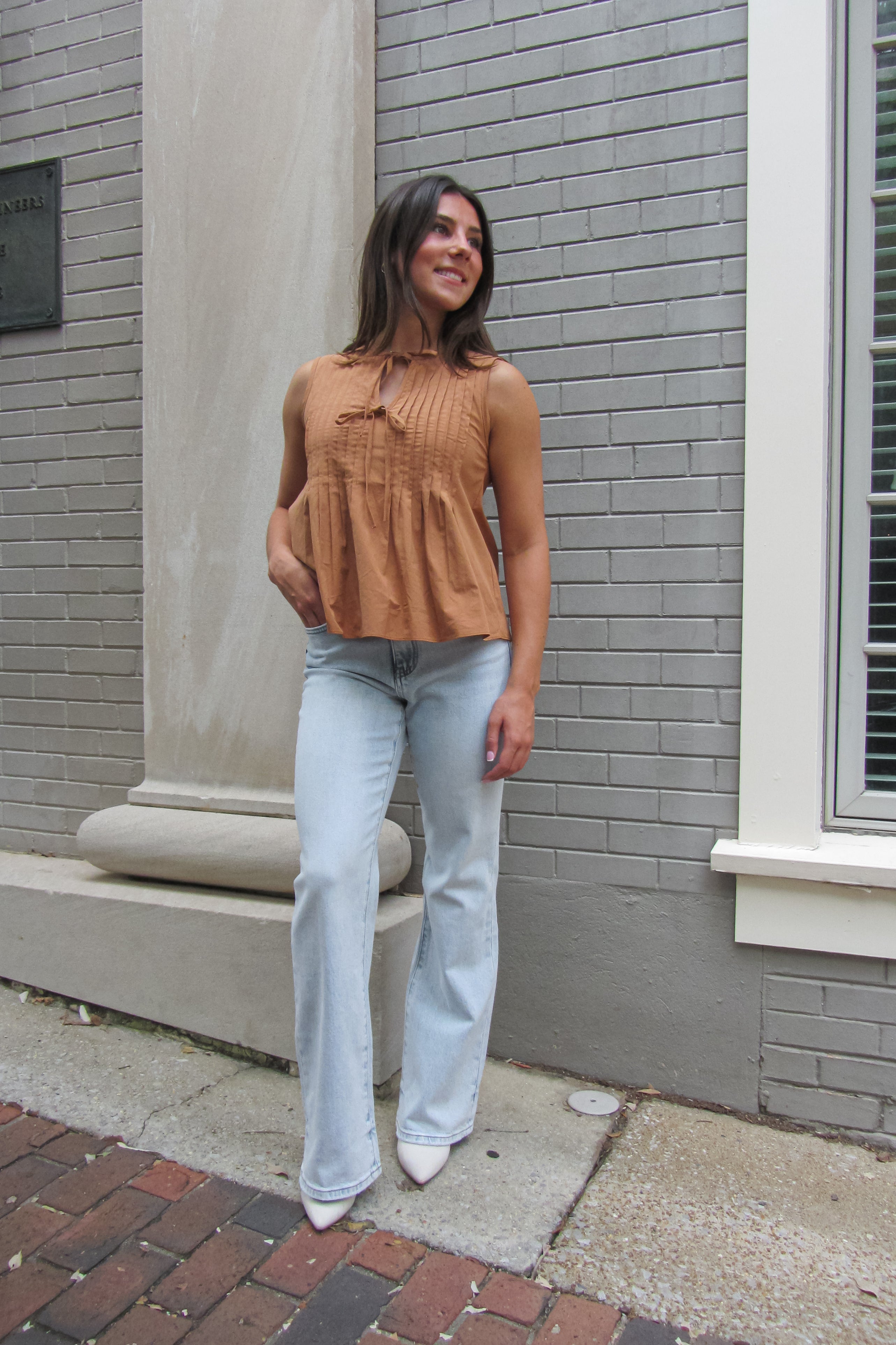 Rust Pintuck Tie Front Sleeveless Poplin Top