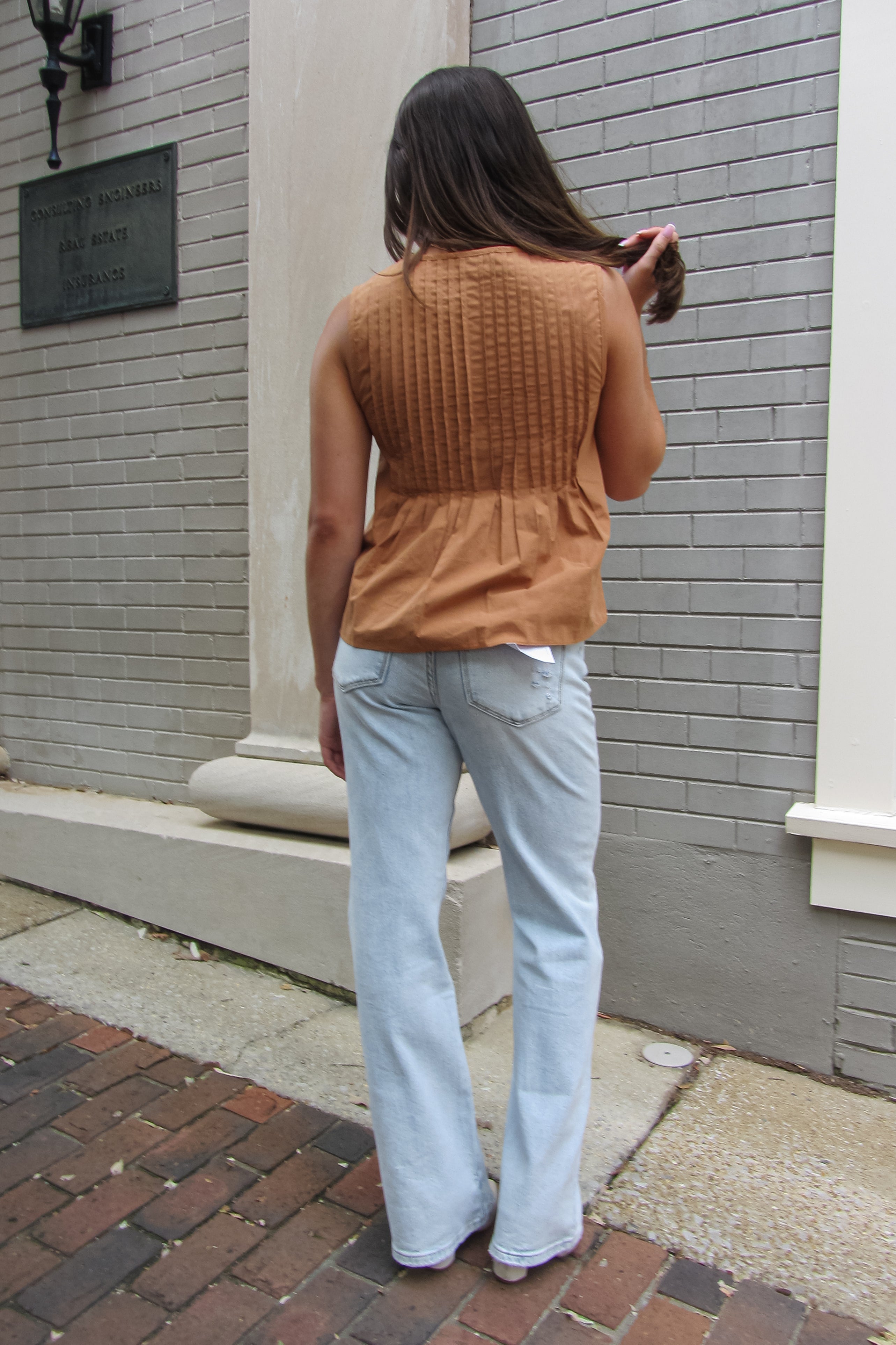 Rust Pintuck Tie Front Sleeveless Poplin Top