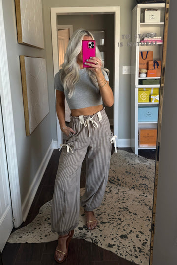 Striped Pants With Bow Detail Pockets - Brown