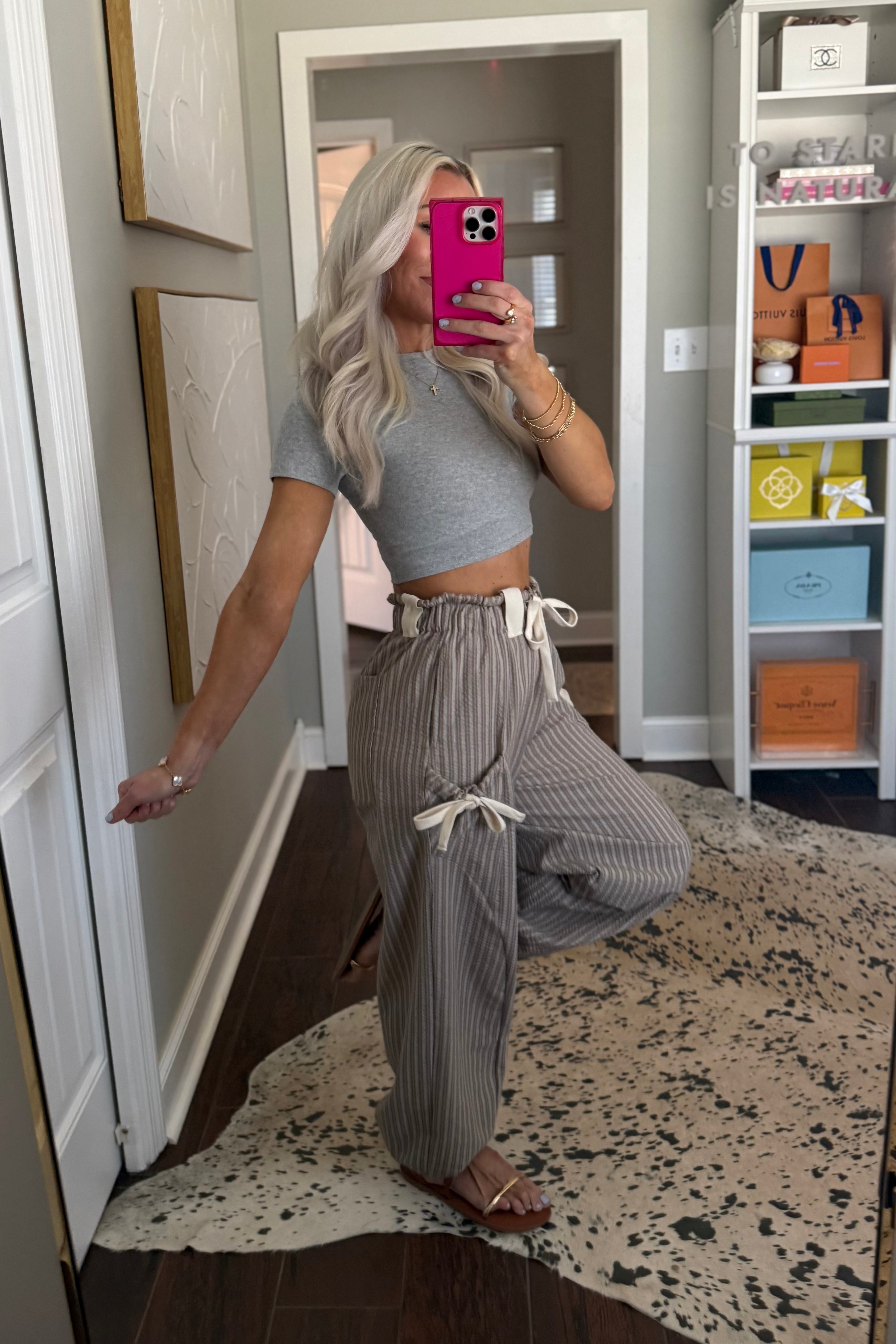 Striped Pants With Bow Detail Pockets - Brown