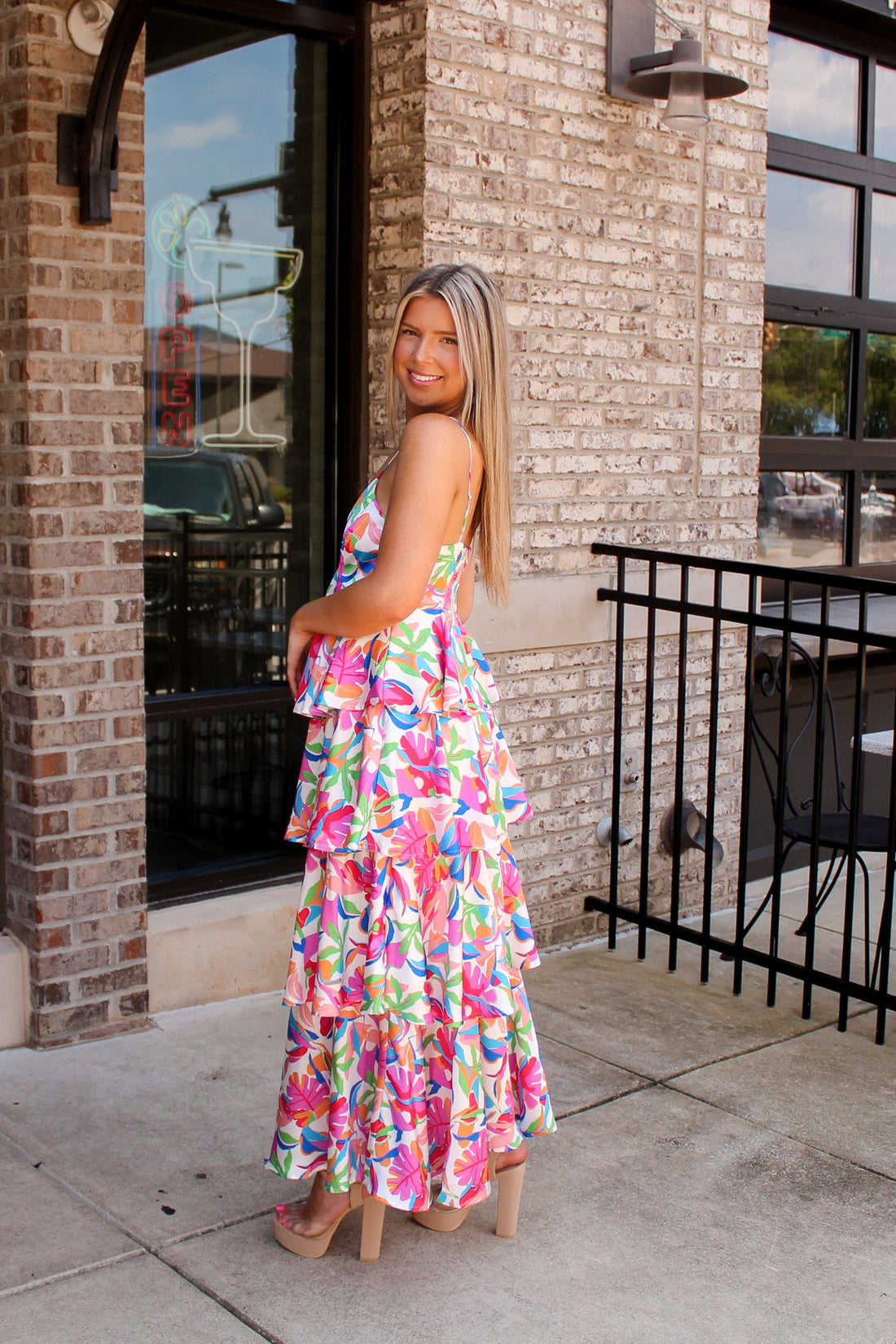 Flower Power Satin Tiered Maxi Dress