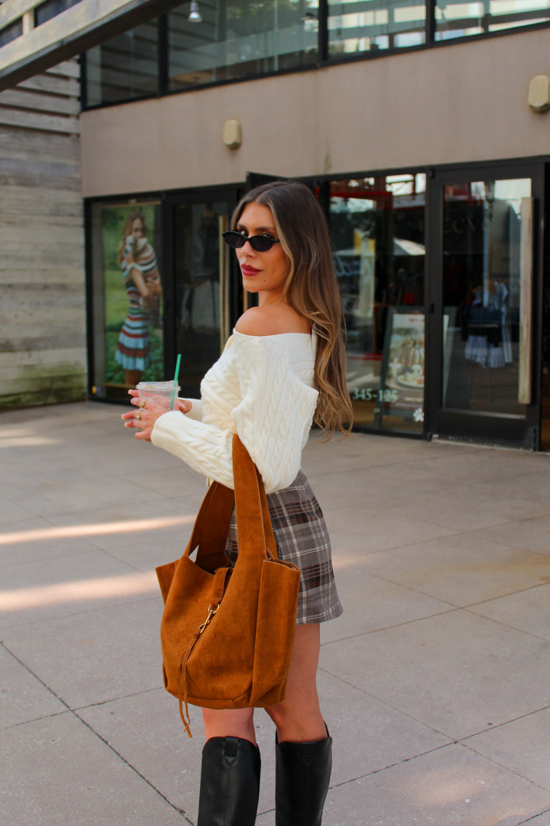 Camel Suede Front Buckle Tote Bag