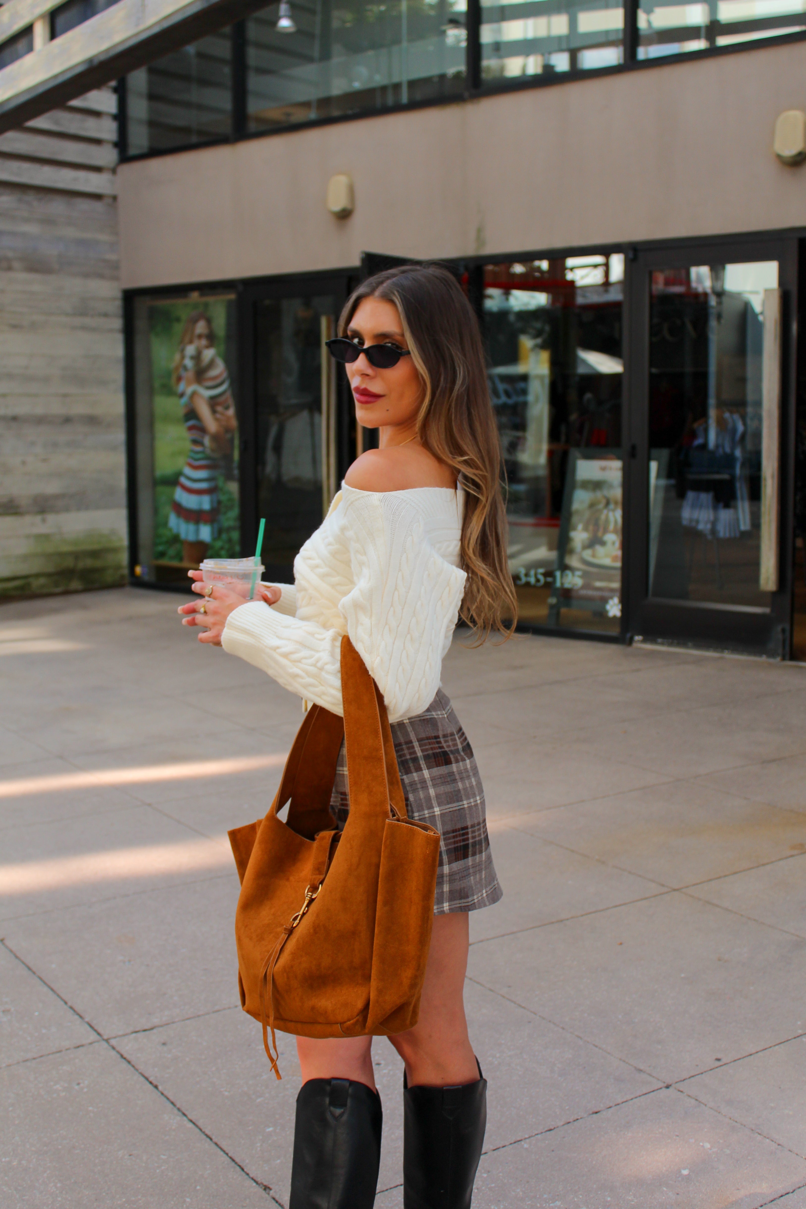 Camel Suede Front Buckle Tote Bag
