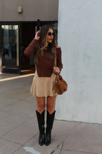 Beige Suede Flared Mini Skort