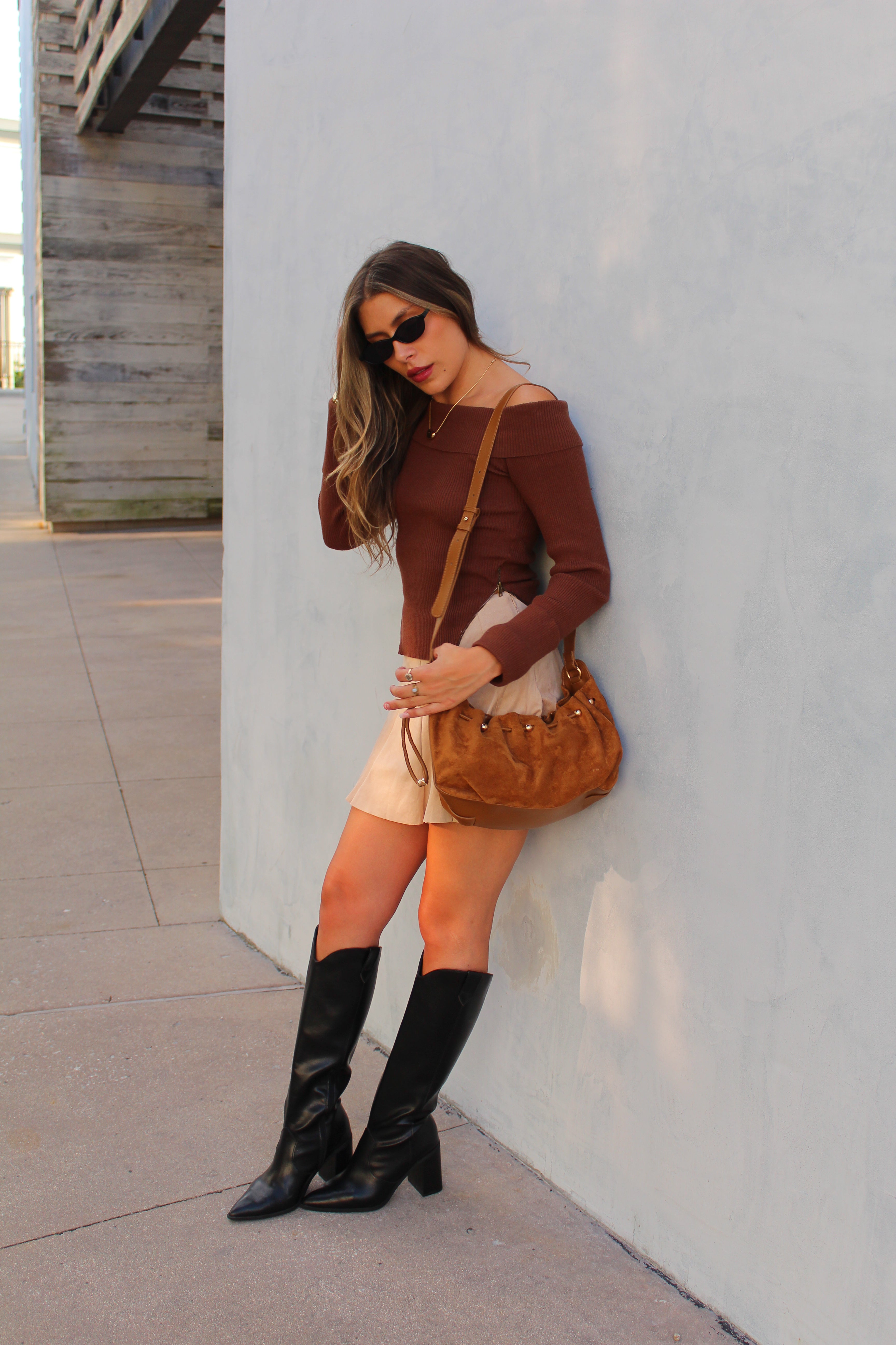 Beige Suede Flared Mini Skort