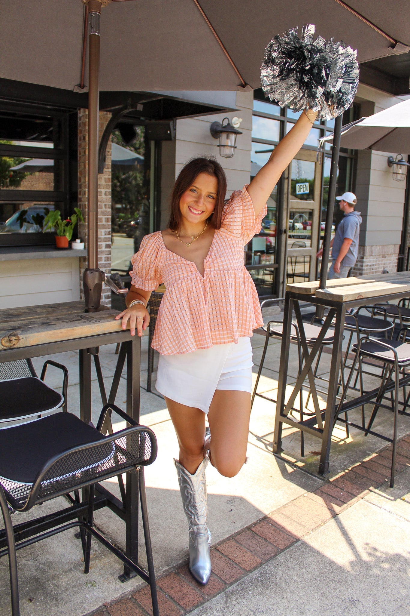 Orange Gingham Wired-V Baby Doll Top