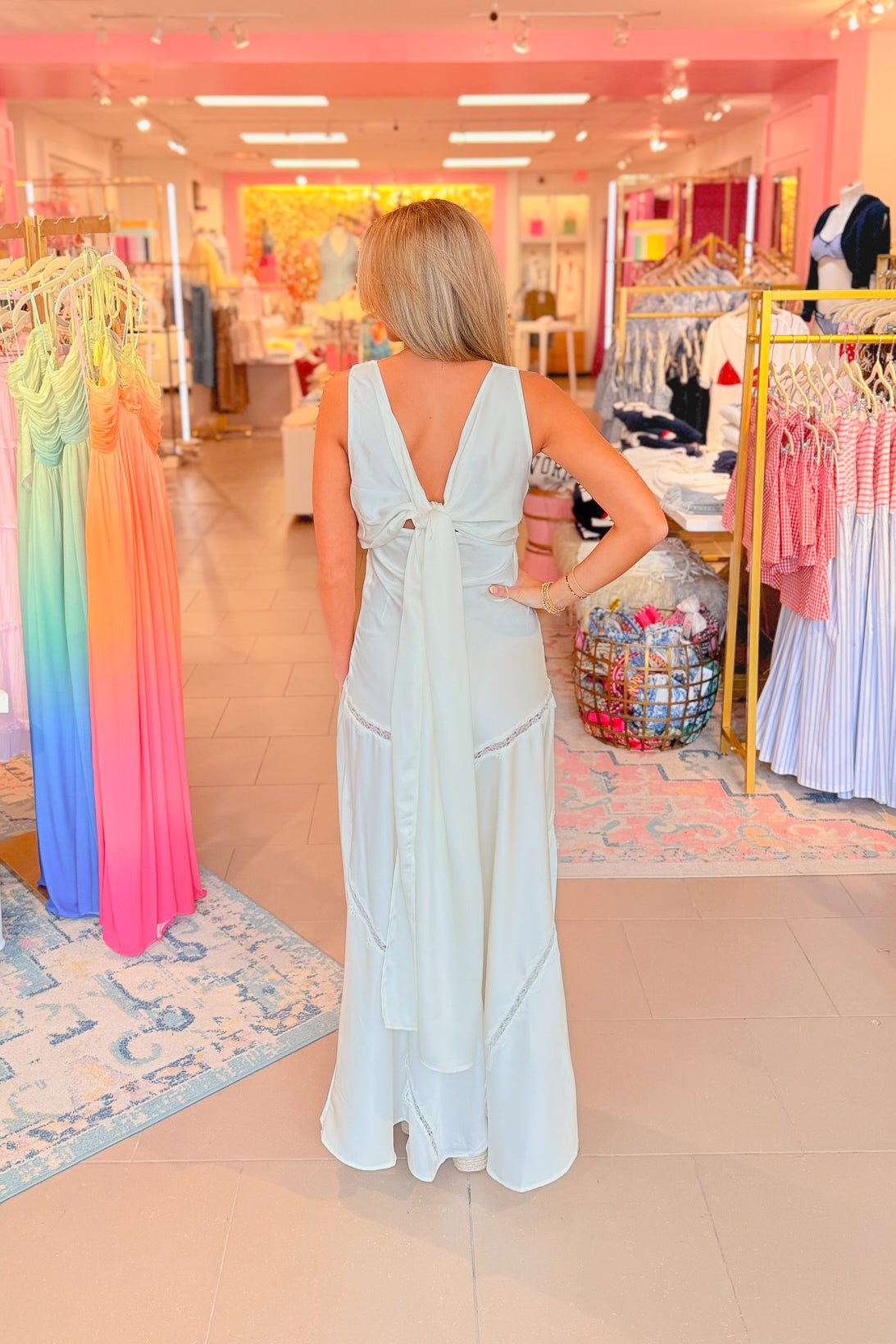 Satin Maxi Dress With Drape Back and Lace Detail - Ivory