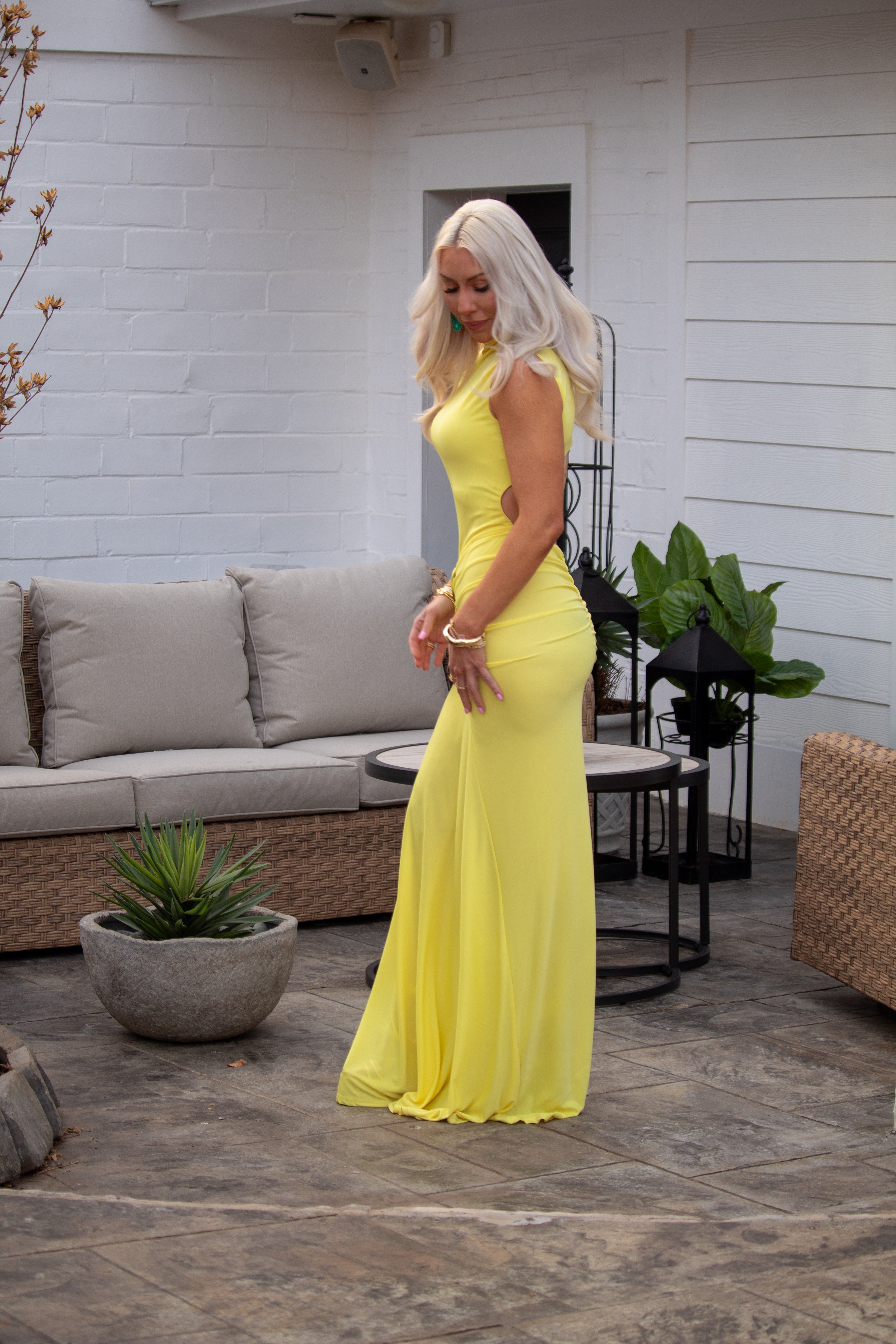 Butter Yellow Mock Neck Ruched Sheer Open Back Maxi Dress