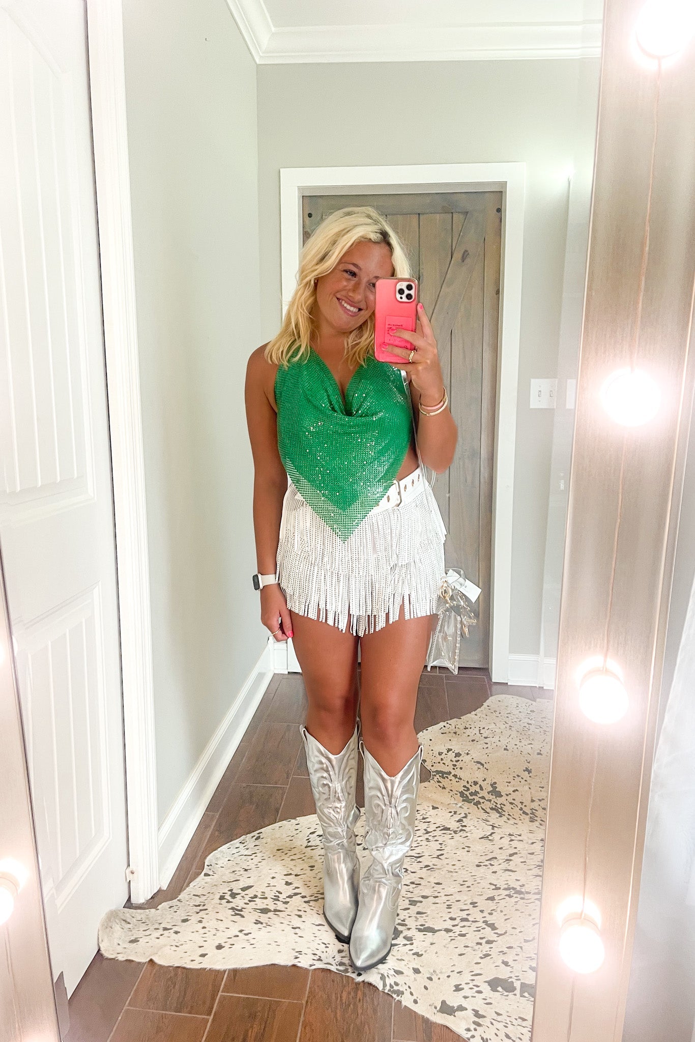 Green Cowl Neck Backless Metal Halter Top