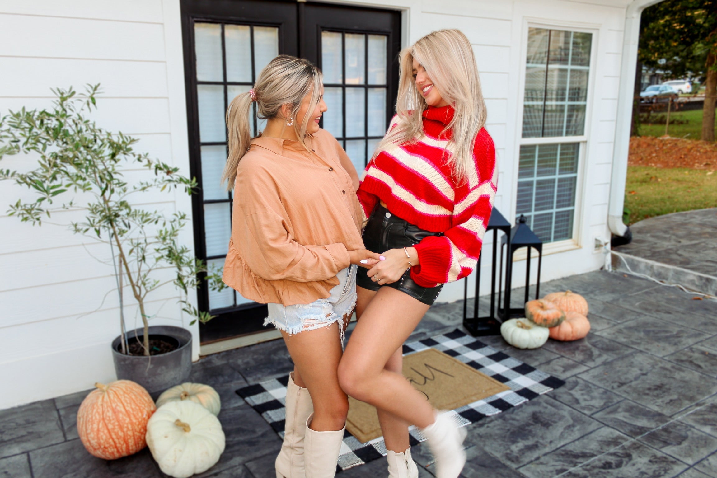 Red Cropped Turtle Neck Striped Sweater