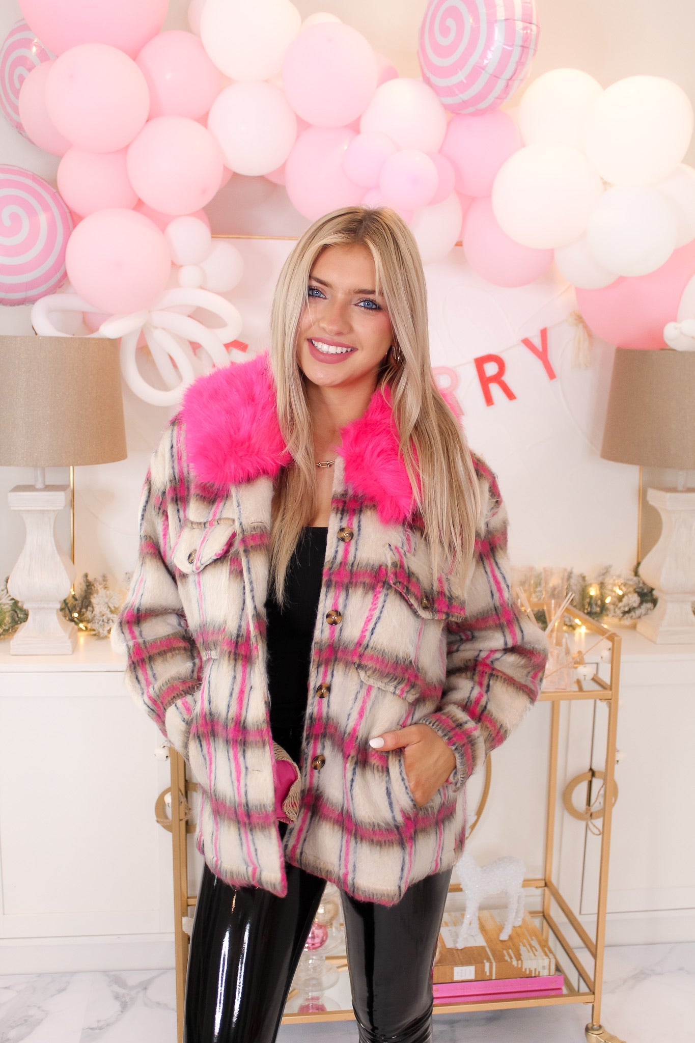 Hot Pink Fur Collar Plaid Shacket