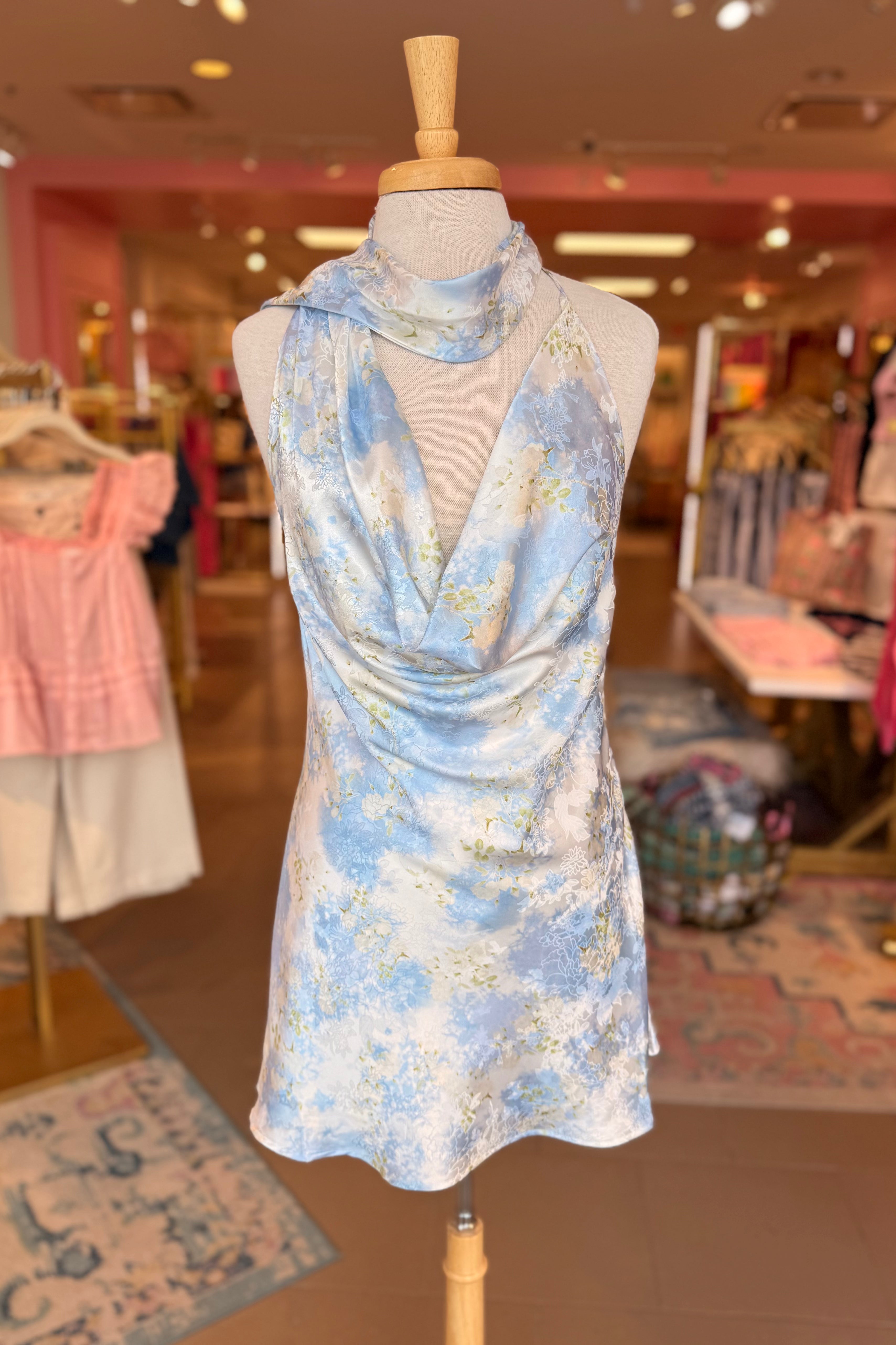Floral Print Neck Sash Mini Dress - Light Blue