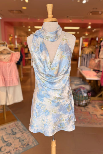 Floral Print Neck Sash Mini Dress - Light Blue